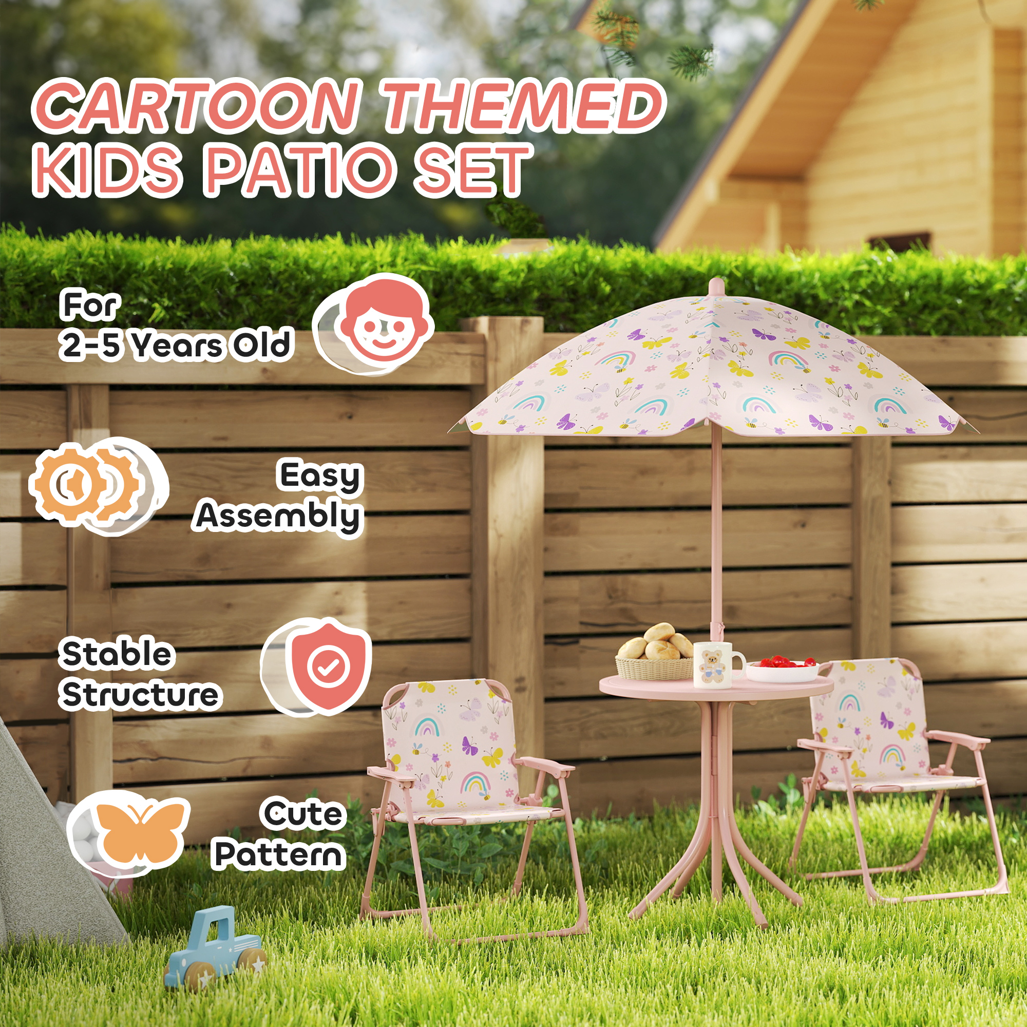 child patio set with umbrella Qaba Kids Picnic Table and Chair Set, Outdoor Activity Table with Foldable  Chairs, Removable Umbrella for Backyard, Pink