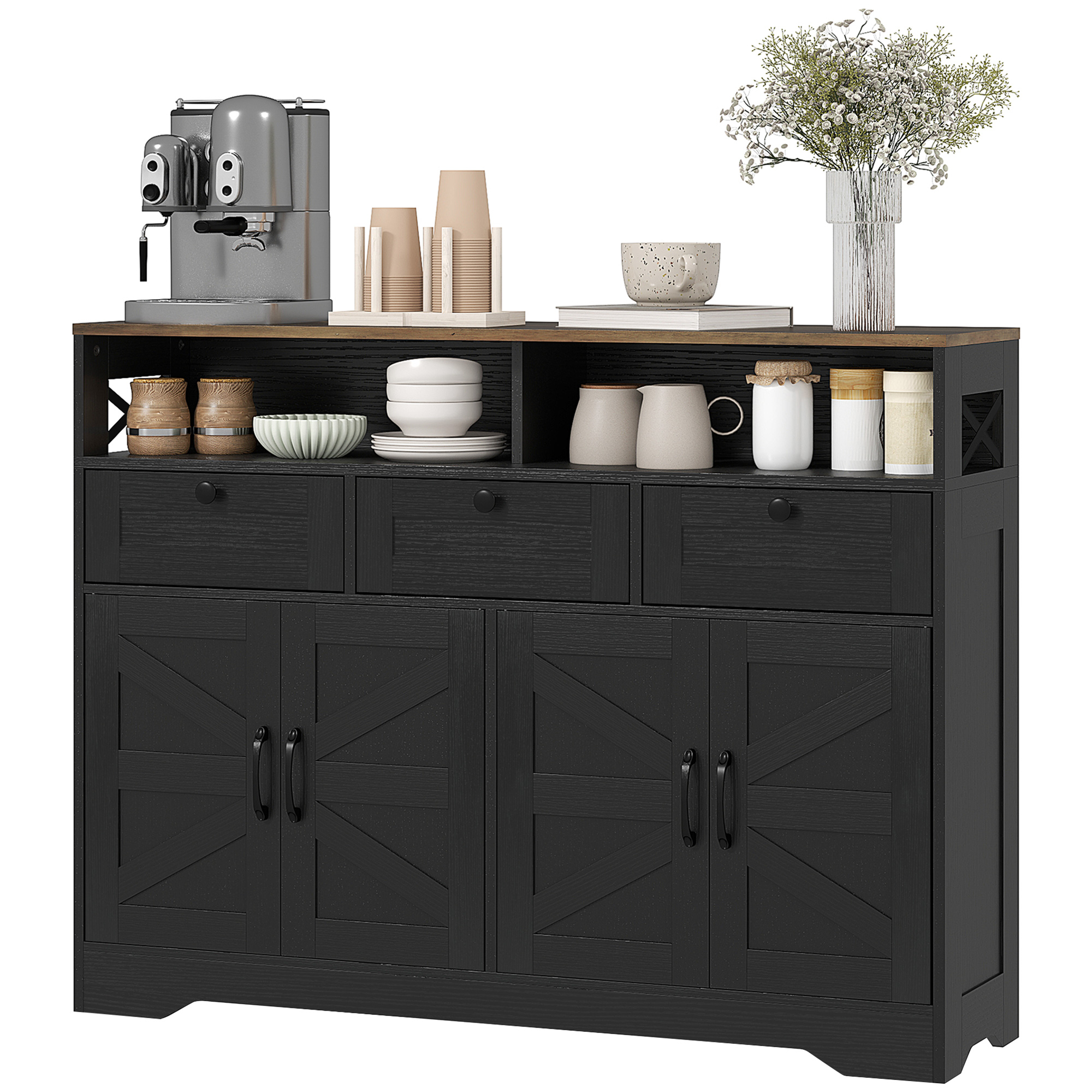 Buffet Organizer Unit with 4 Barn Doors and 3 Drawers, Sideboard, Coffee Bar Organizer Unit with Adjustable-Height Shelves, Black 1