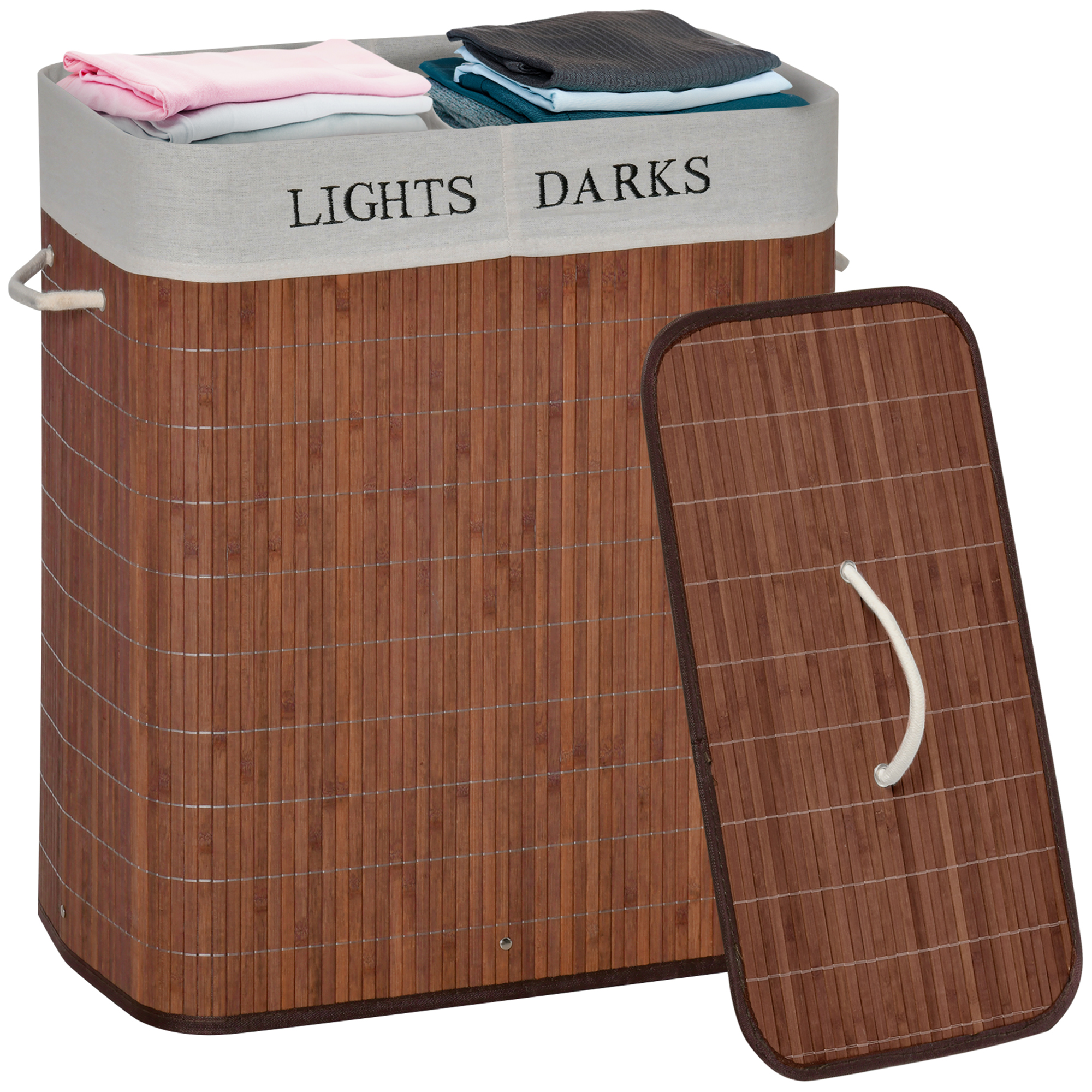 HOMCOM Bamboo Laundry Basket with Lid and String Handles, Collapsible ...