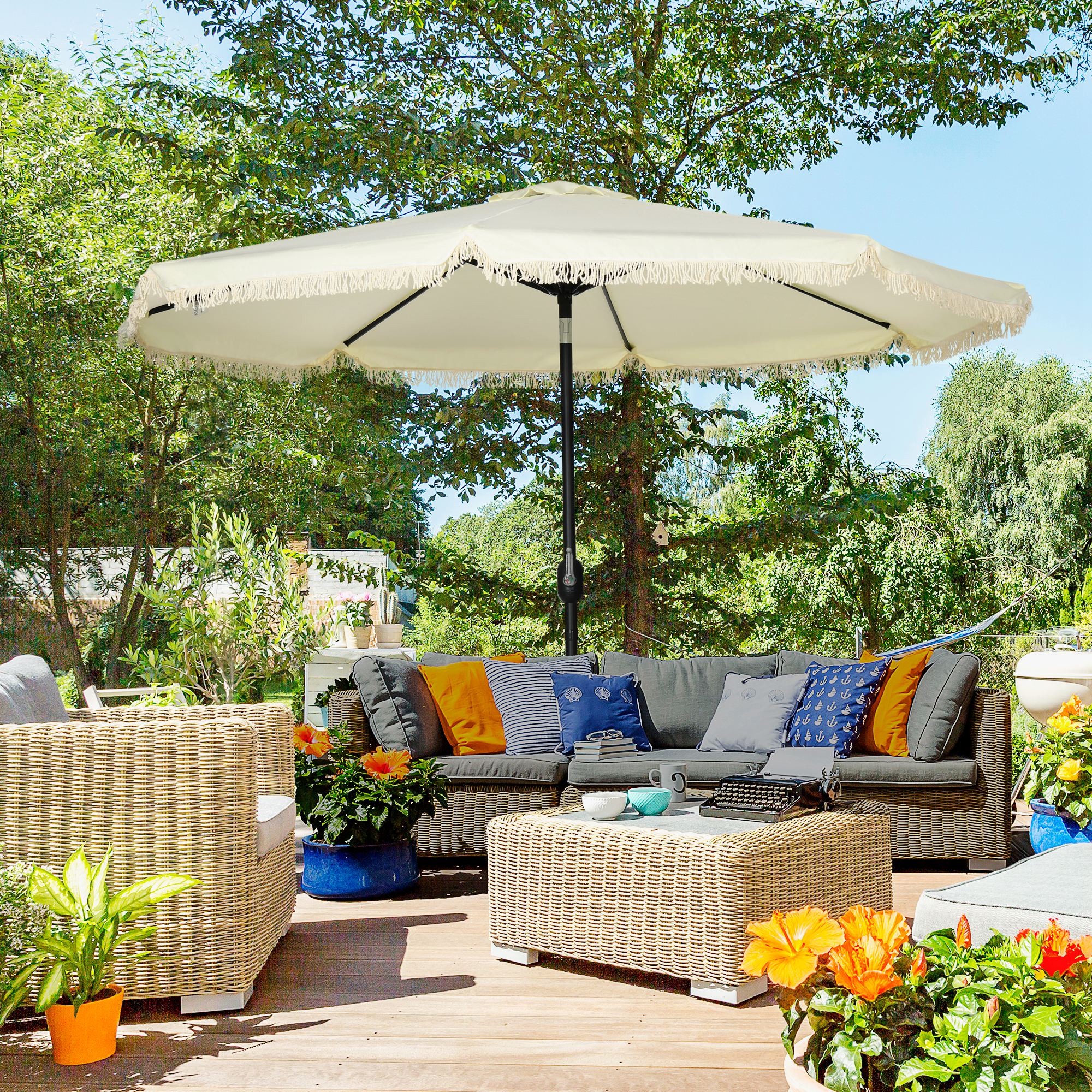 crate barrel patio umbrella 9' Square Sunbrella Canvas White Cantilever Outdoor Patio Umbrella with  Faux Wood Metal Frame