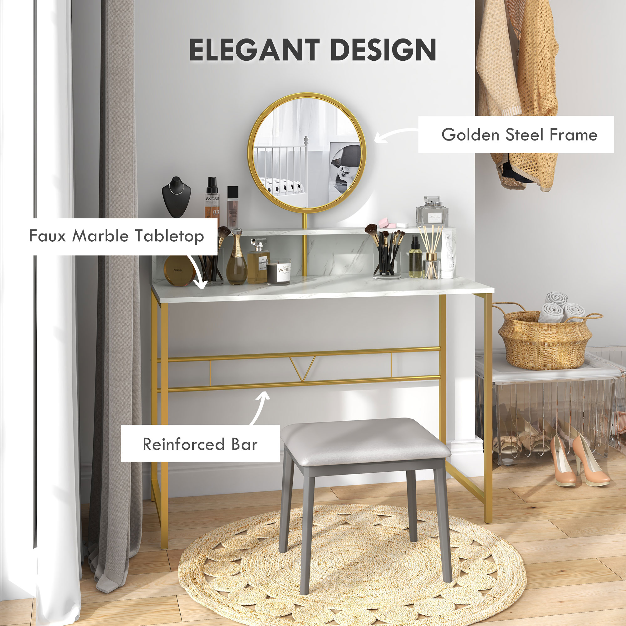 HOMCOM Modern Vanity Makeup Desk with Mirror, Dressing Table with Open  Storage, Faux Marble Finish and Steel Frame for Bedroom, White and Gold |  Aosom.com