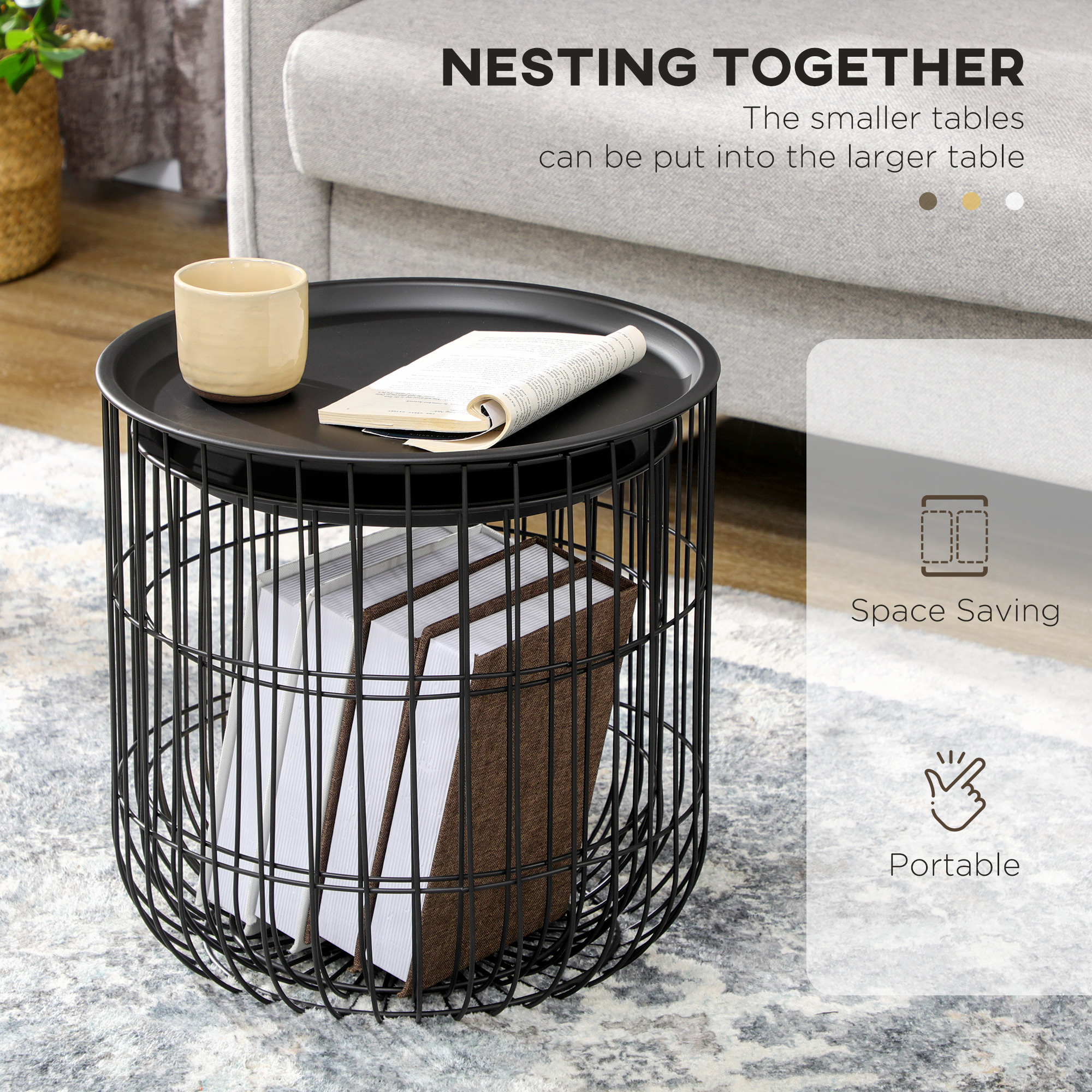 HOMCOM 3-Piece Coffee Table Set with Nesting Wire Basket Base and Removable Top End Storage Solution for Living Room Black | Aosom.com 2