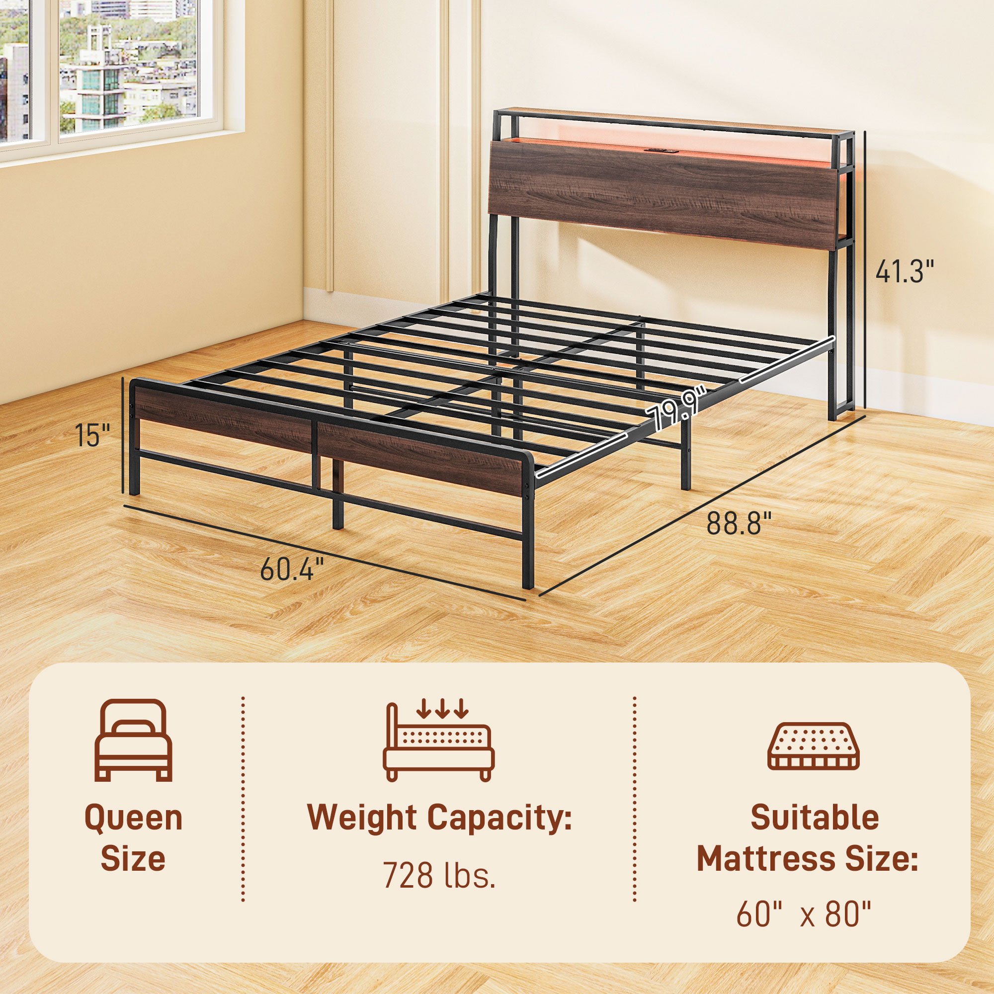 HOMCOM Queen Size Bed Frame with LED Lights and Charging Station, Queen Bed Frame with Storage Headboard, Noise-Free, Walnut | Aosom.com 1