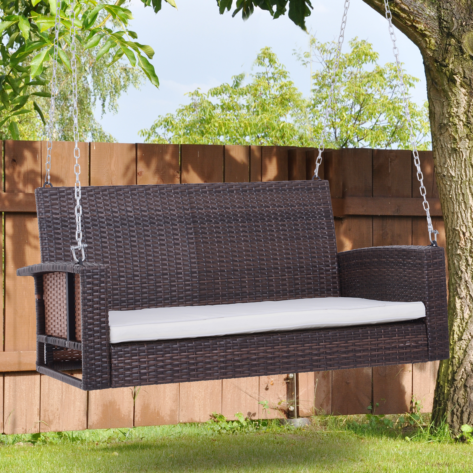 Outsunny 2-Person Wicker Hanging Porch Swing Bench, Front Porch