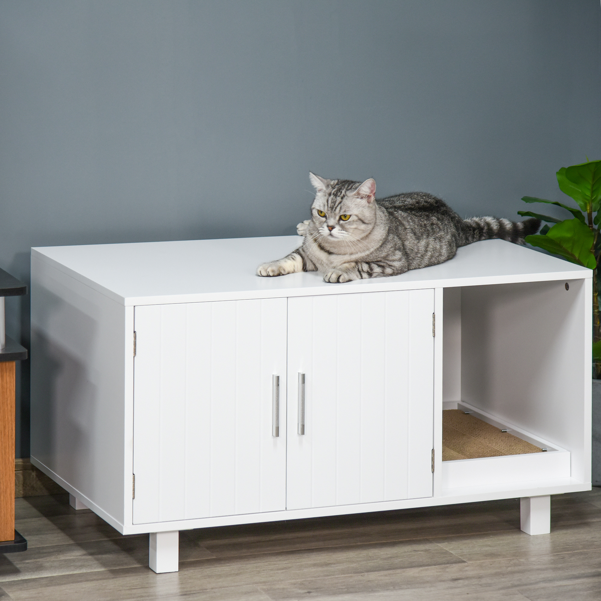 Cat Litter Box Enclosure Furniture - Hidden Litter Box With Scratch Pad, Farmhouse End Table