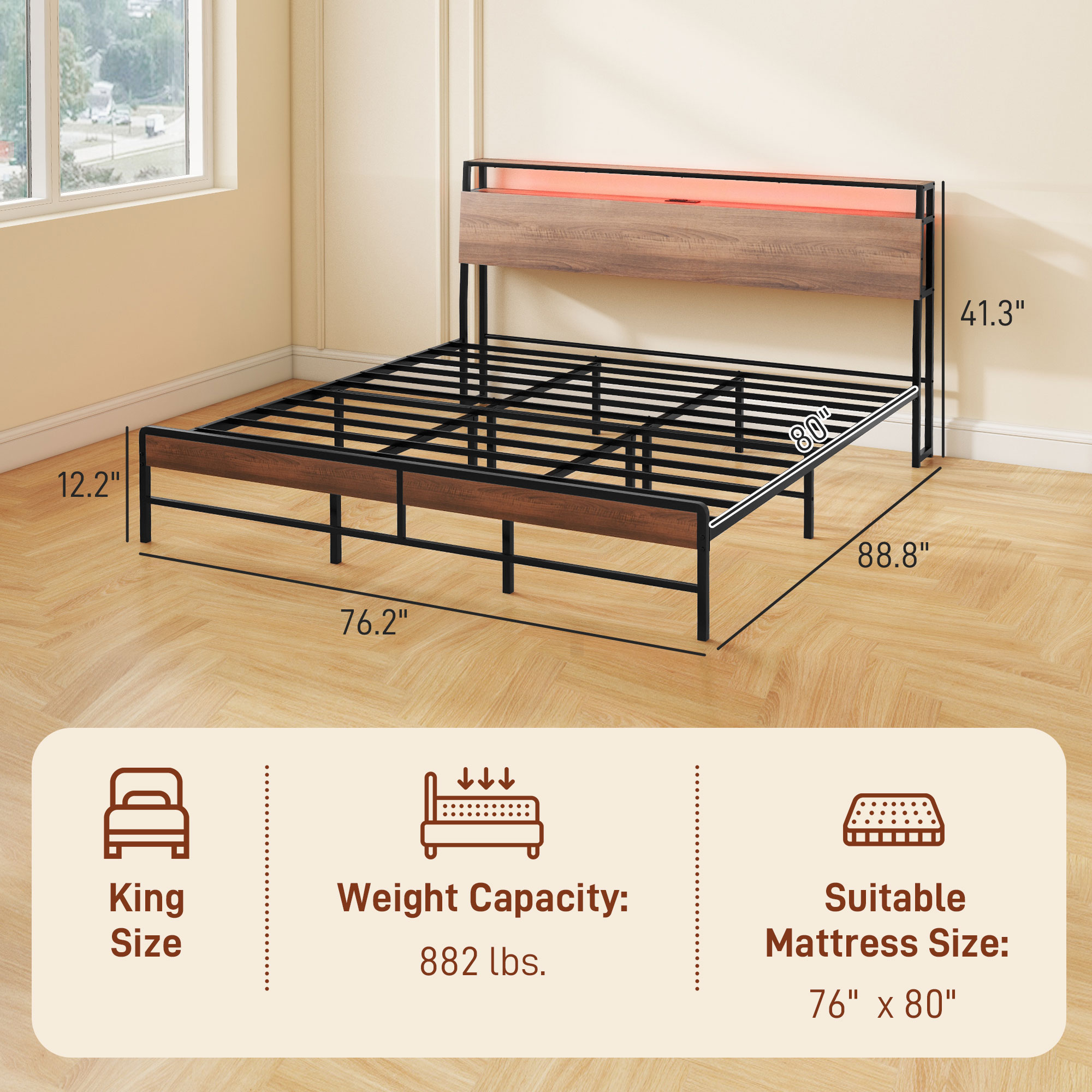 HOMCOM King Size Bed Frame with LED Lights and Charging Station, King Bed Frame with Storage Headboard, Noise-Free, Walnut | Aosom.com 1