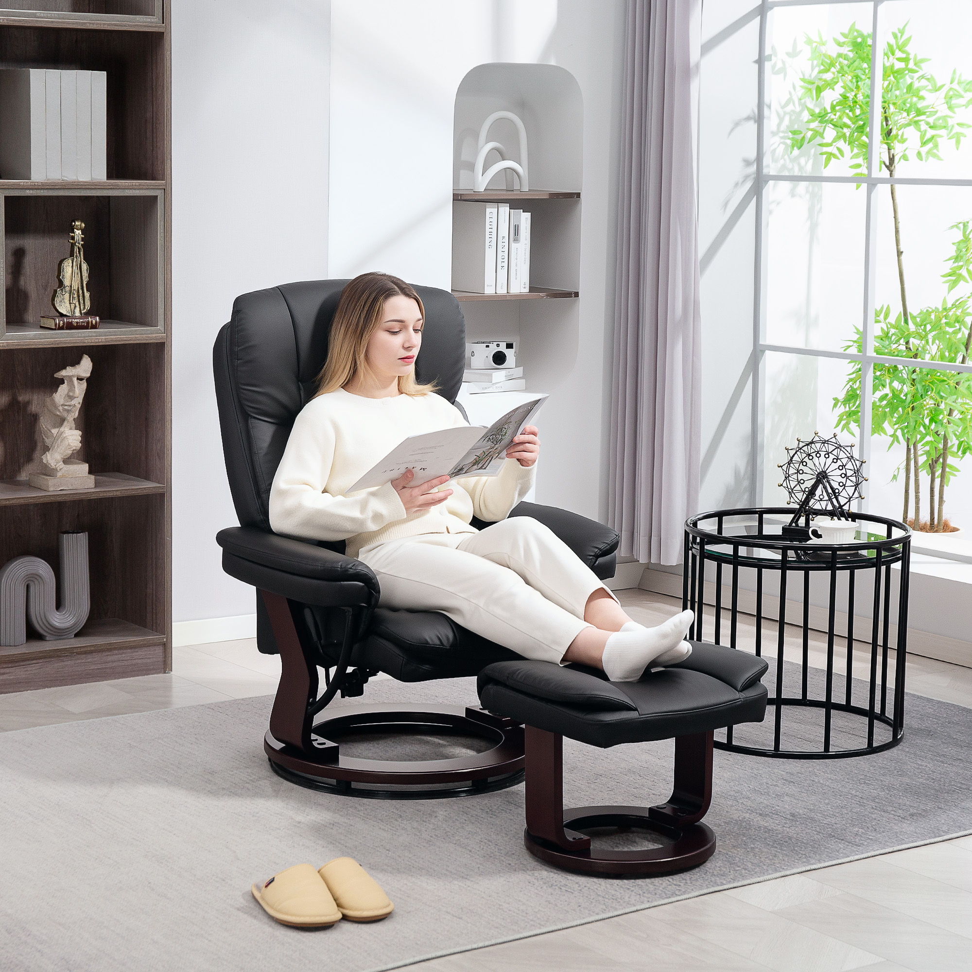 HOMCOM Swivel Recliner with Ottoman, PU Leather Reclining Chair with Footrest, for Living Room, Bedroom, Black 0