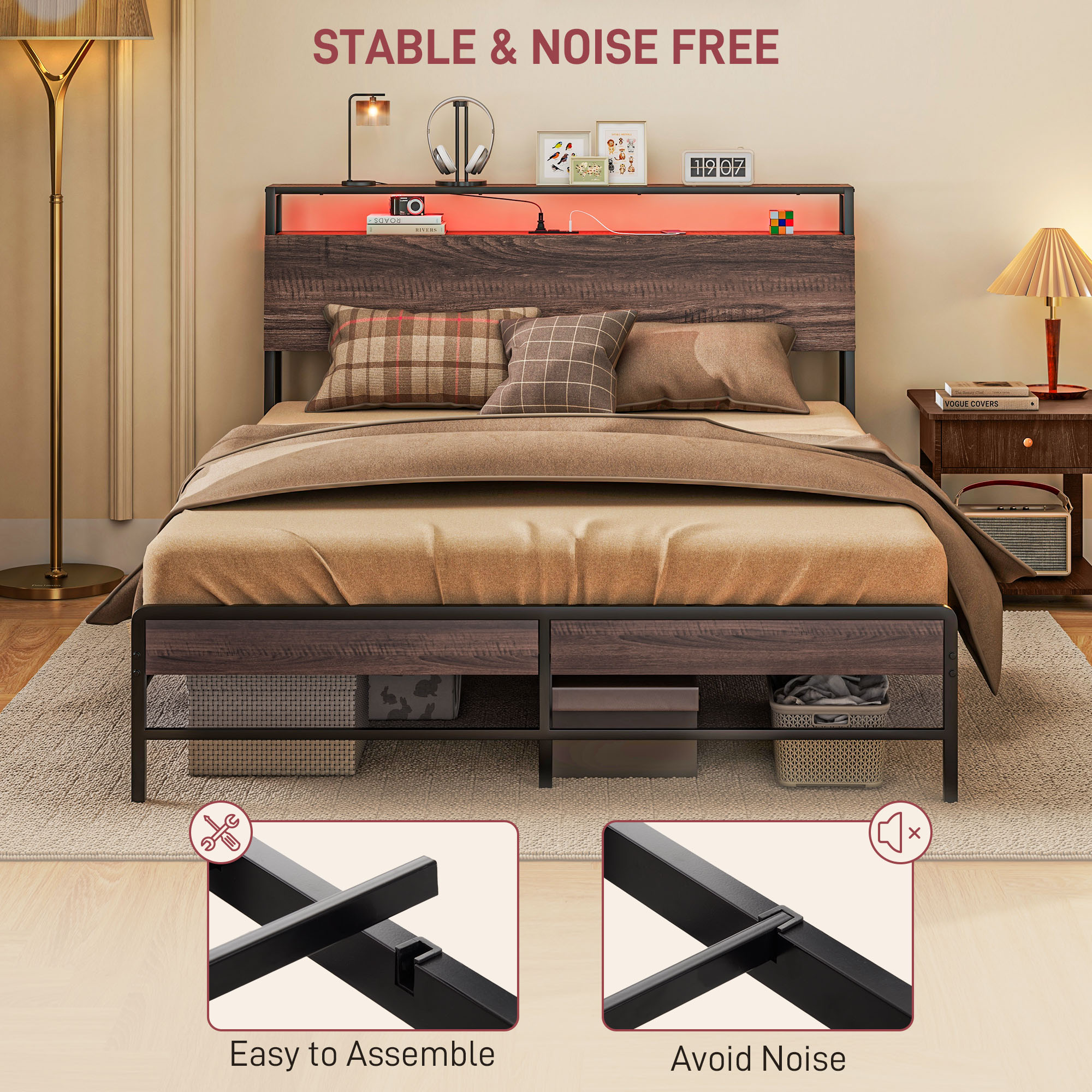 HOMCOM Queen Size Bed Frame with LED Lights and Charging Station, Queen Bed Frame with Storage Headboard, Noise-Free, Walnut | Aosom.com 5