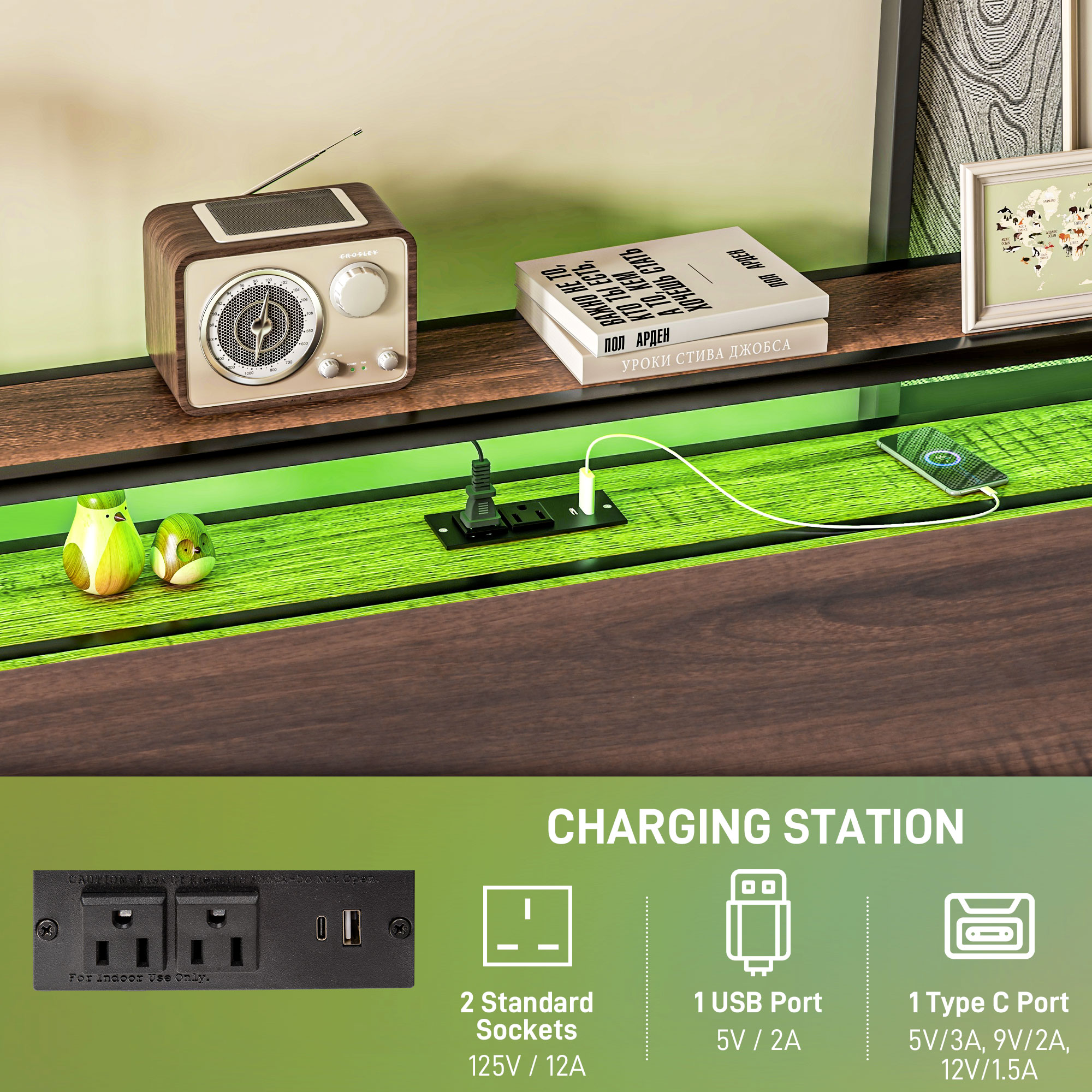HOMCOM Queen Size Bed Frame with LED Lights and Charging Station, Queen Bed Frame with Storage Headboard, Noise-Free, Walnut | Aosom.com 3