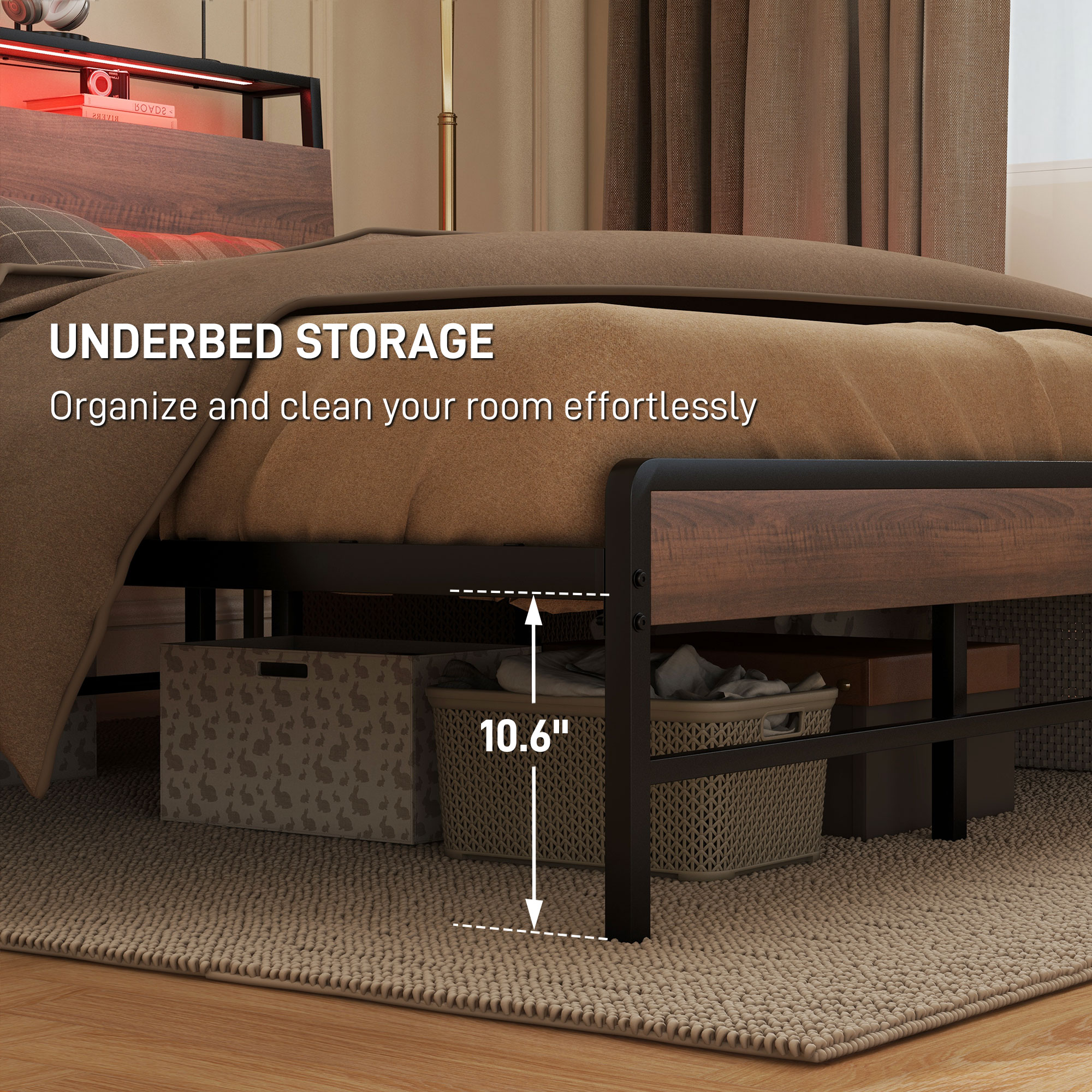 HOMCOM King Size Bed Frame with LED Lights and Charging