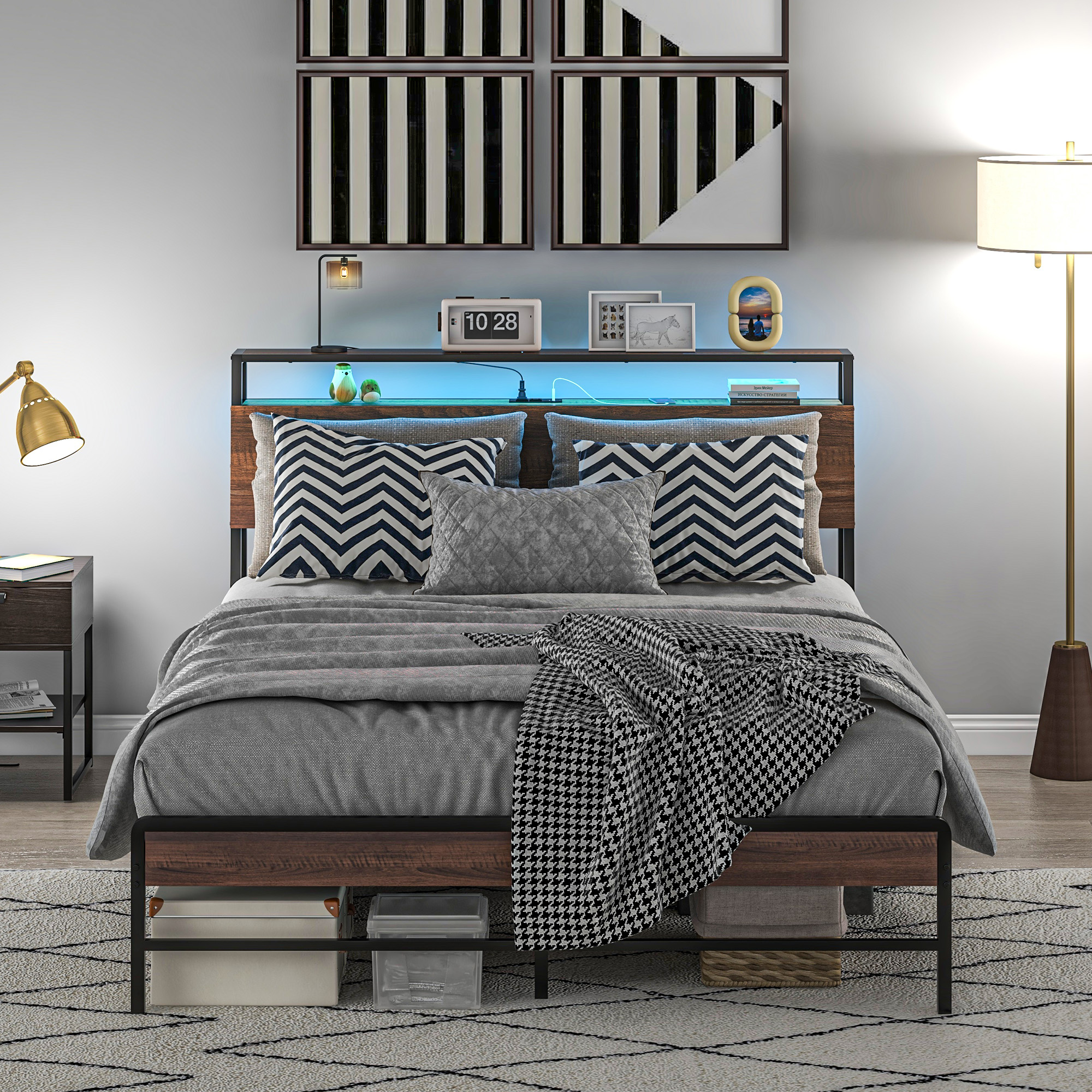 HOMCOM Queen Size Bed Frame with LED Lights and Charging Station, Queen Bed Frame with Storage Headboard, Noise-Free, Walnut | Aosom.com 7