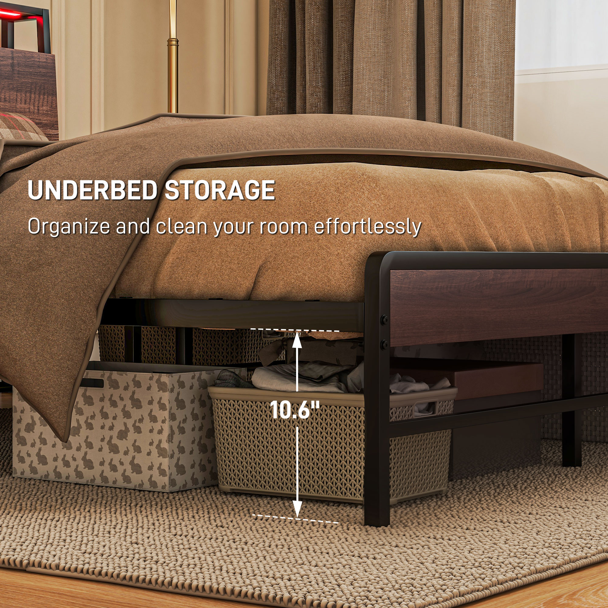 HOMCOM Queen Size Bed Frame with LED Lights and Charging Station, Queen Bed Frame with Storage Headboard, Noise-Free, Walnut | Aosom.com 6