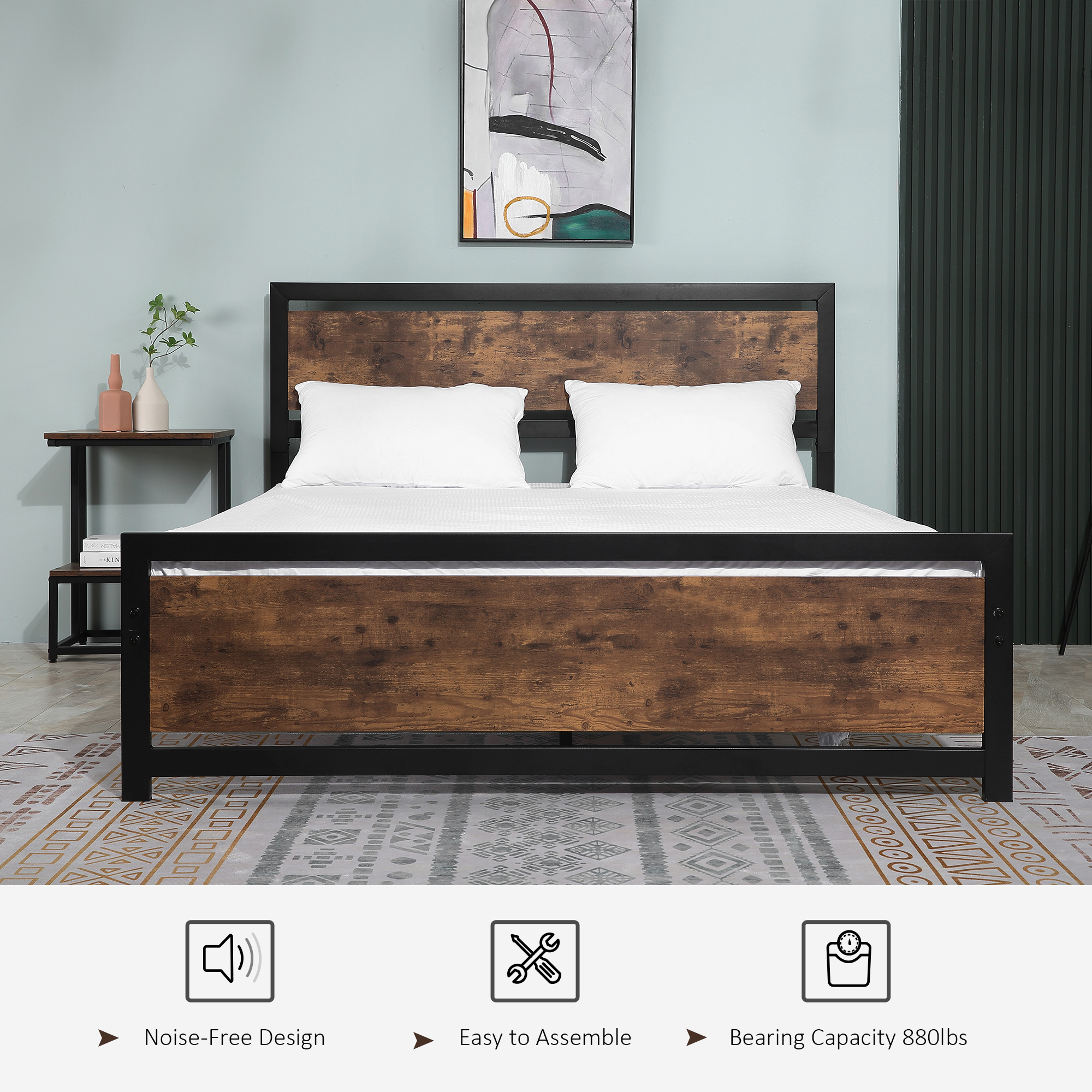 HOMCOM Twin Size Metal Bed Frame with Headboard Footboard Strong Slat Support Underbed Storage Space Full Bed | Aosom.com 4