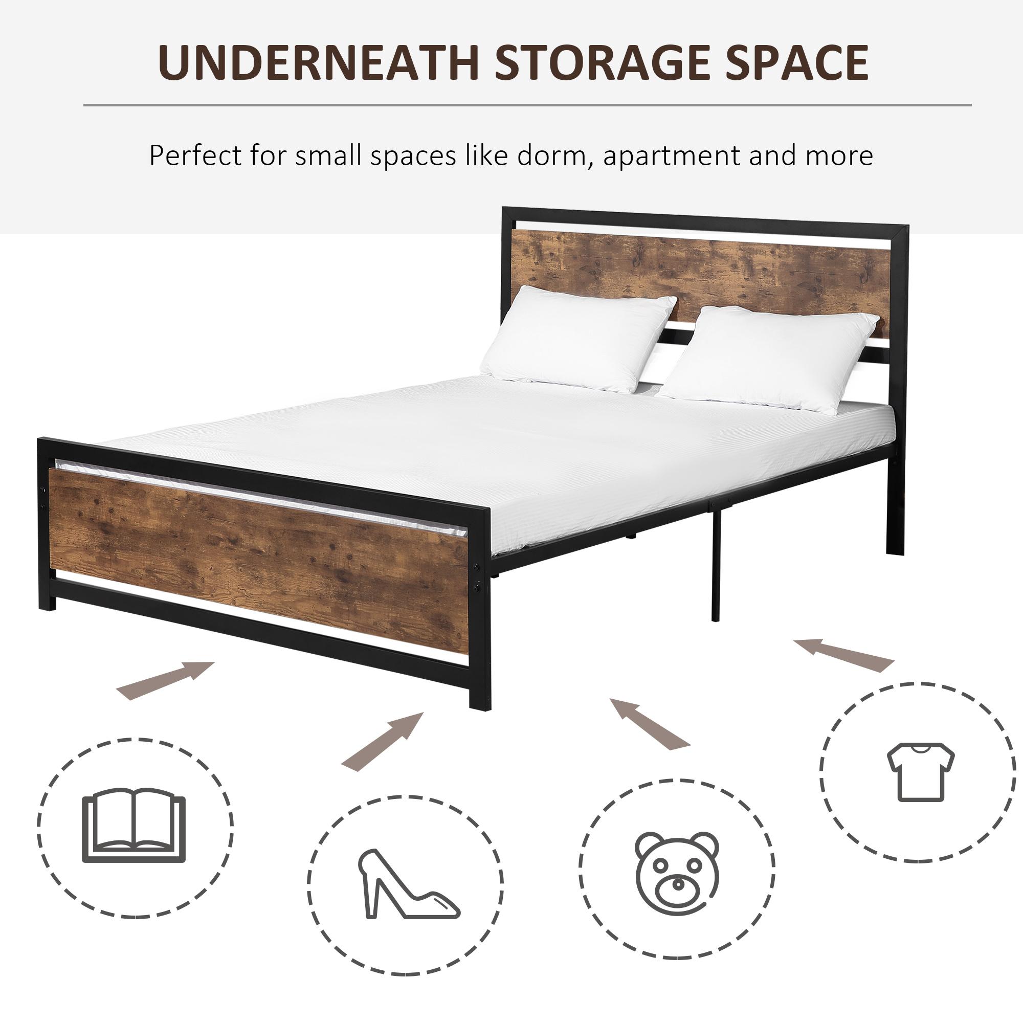 HOMCOM Twin Size Metal Bed Frame with Headboard Footboard Strong Slat Support Underbed Storage Space Full Bed | Aosom.com 3