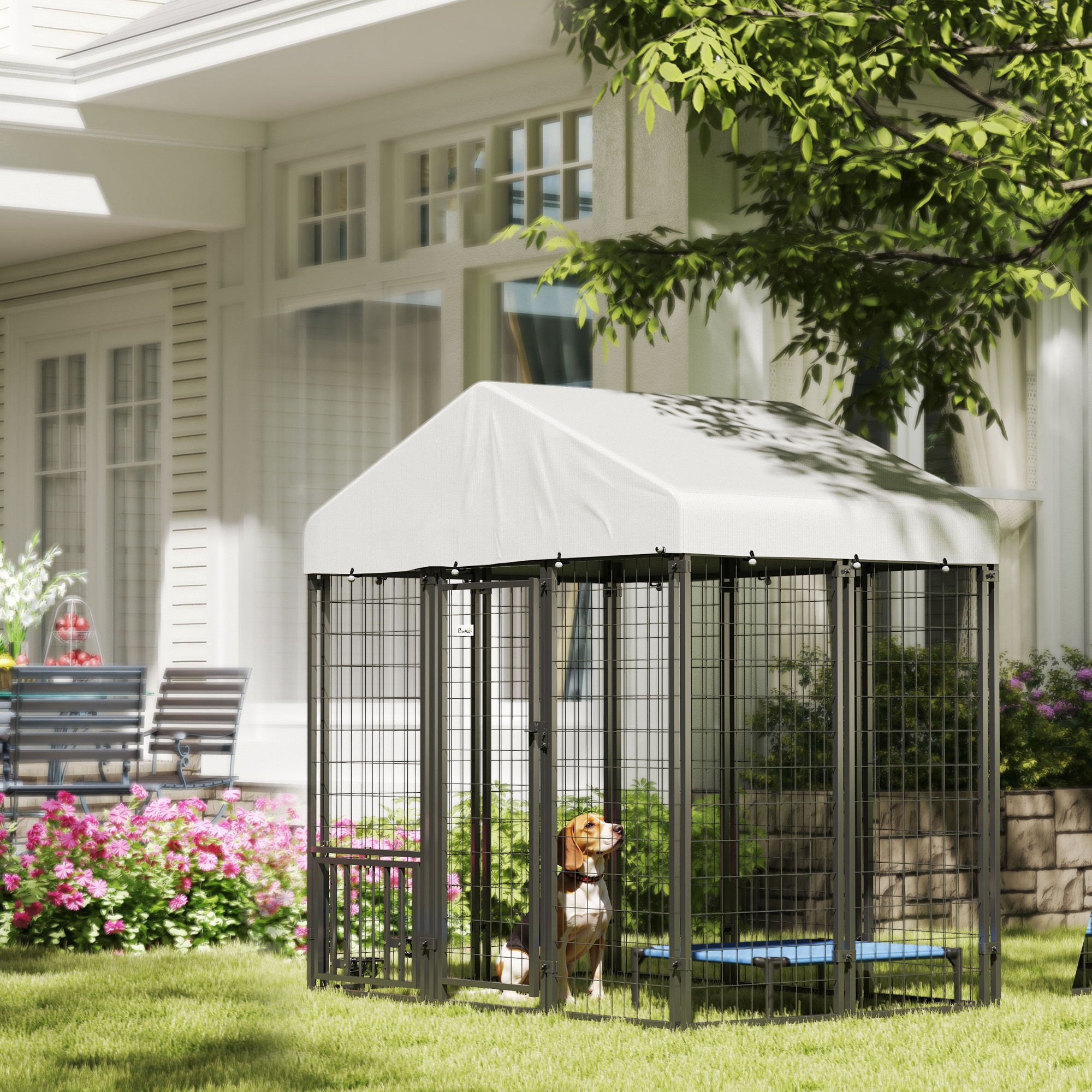 Rotating & 4-Level Adjustable-Height Feeding Bowls, Outside Canine Kennel with Waterproof UV-Resistant Cover, 5.9 x 4 x 6 ft 2