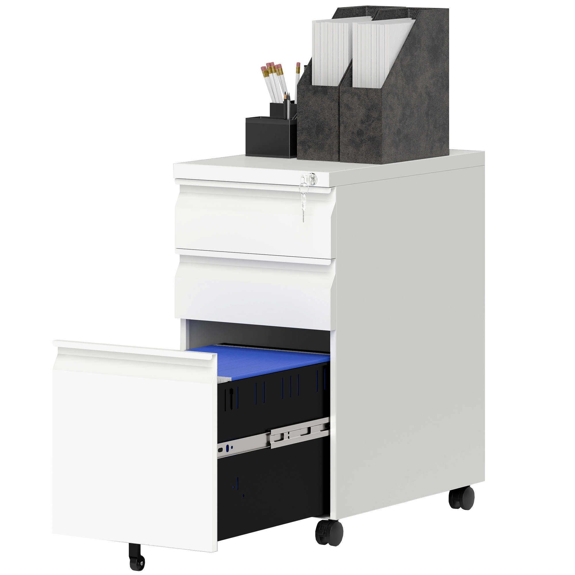 Steel Workspace Organizer Organizer Unit with Hanging Bar for A4, 3 Organizer Drawer Document Organizer Unit with Locking, Legal, Letter Files, White 1