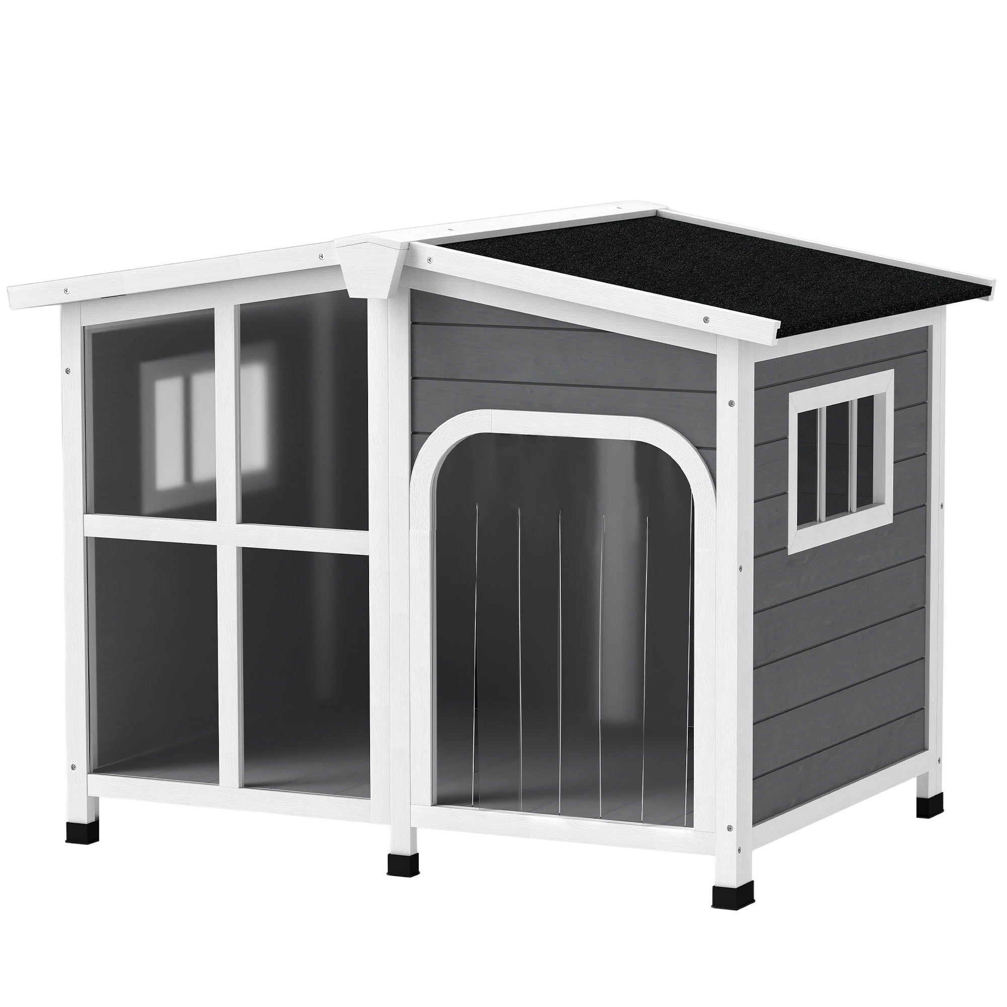 Raised Animal Kennel with Removable Bottom, Wooden Canine House, Openable Asphalt Roof, Entry Drapery, Side Windows, Dark Grey 1