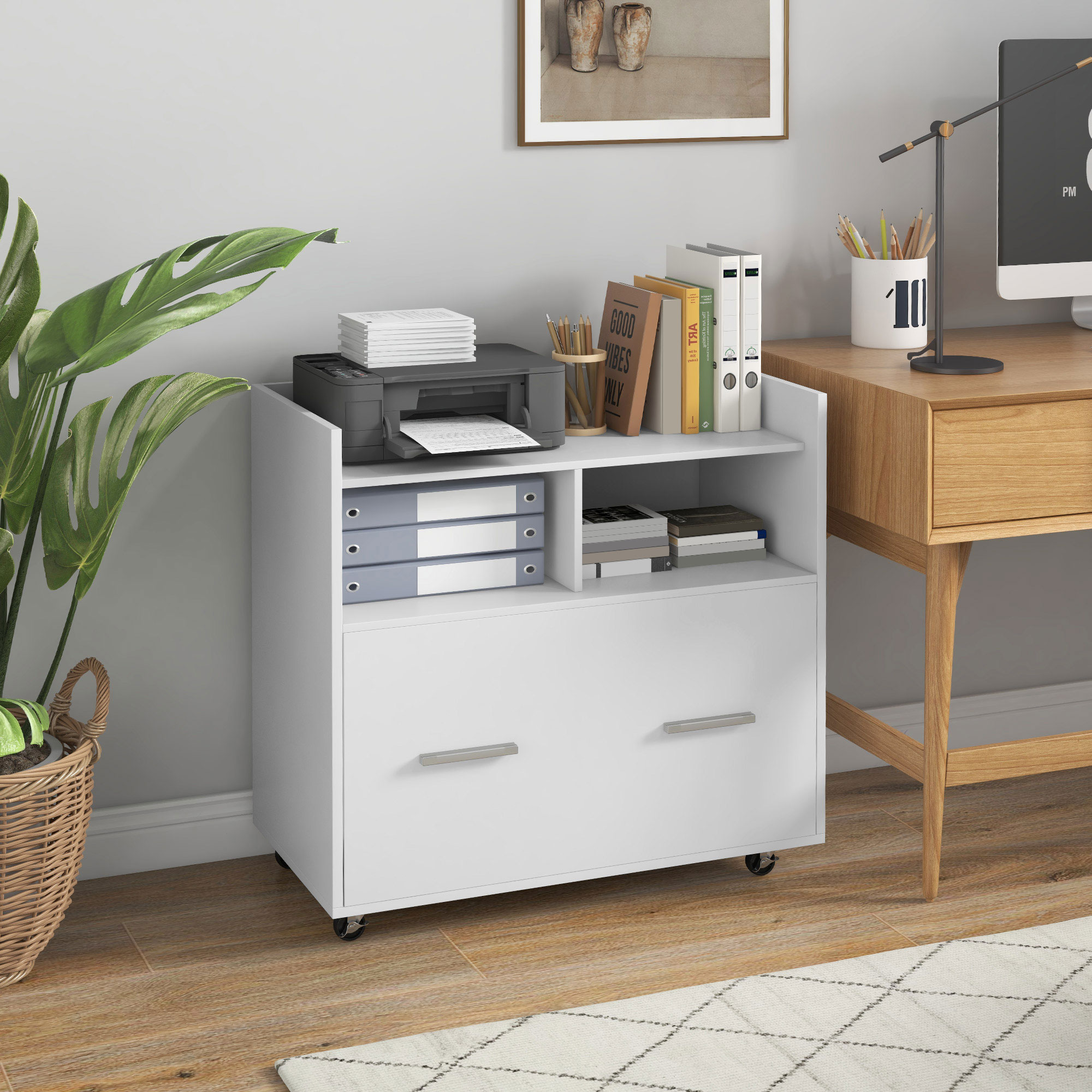Vinsetto Rolling File Cabinet with Drawer Adjustable Bar for Letter A4 Legal Size White Mobile Office Organizer Aosom Canada