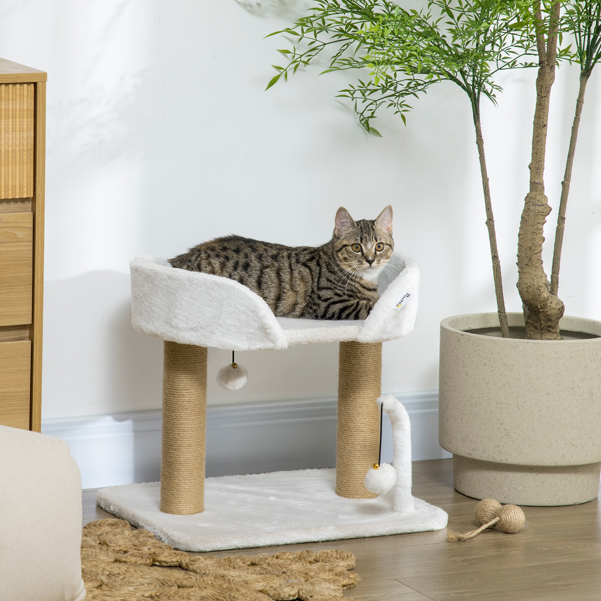 PawHut Cat Tower Condo for Indoor Cats, Small Cat Tree with Jute Scratching Posts, Top Perch, Dangling Balls, White Aosom Canada