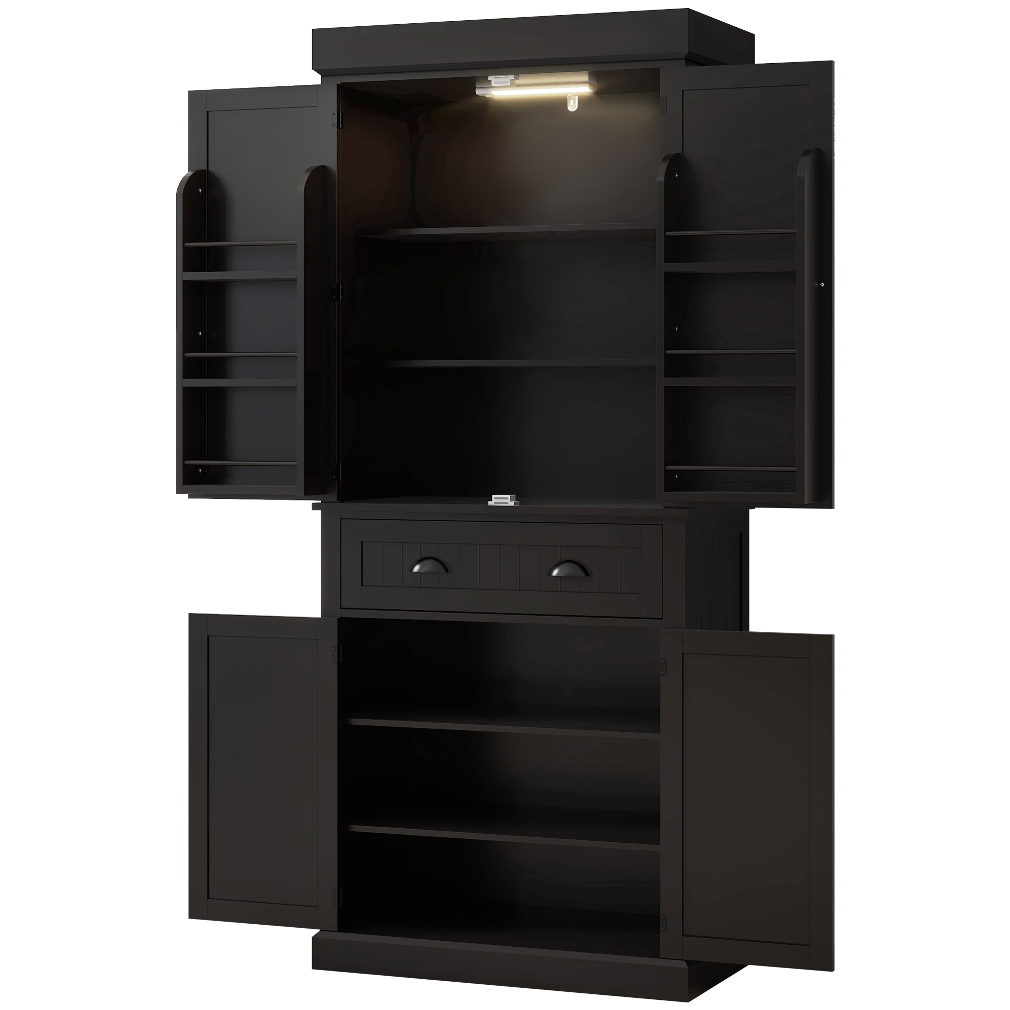 HOMCOM 71" Kitchen Pantry Cabinet with LED Lights, 6 Door Shelves, a Drawer and 4 Adjustable Shelves, Black