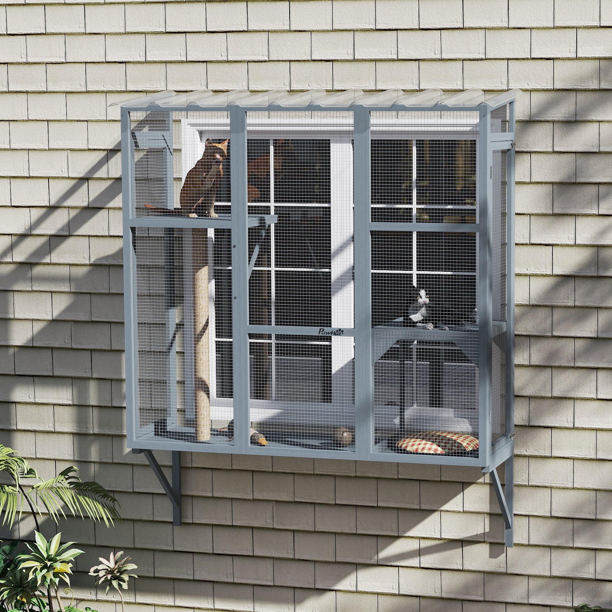 PawHut Wooden Catio Outdoor, Cat Window Box Enclosure for 2-3 Large Cats with 2 Jumping Platforms & Scratching Post, Grey Aosom Canada