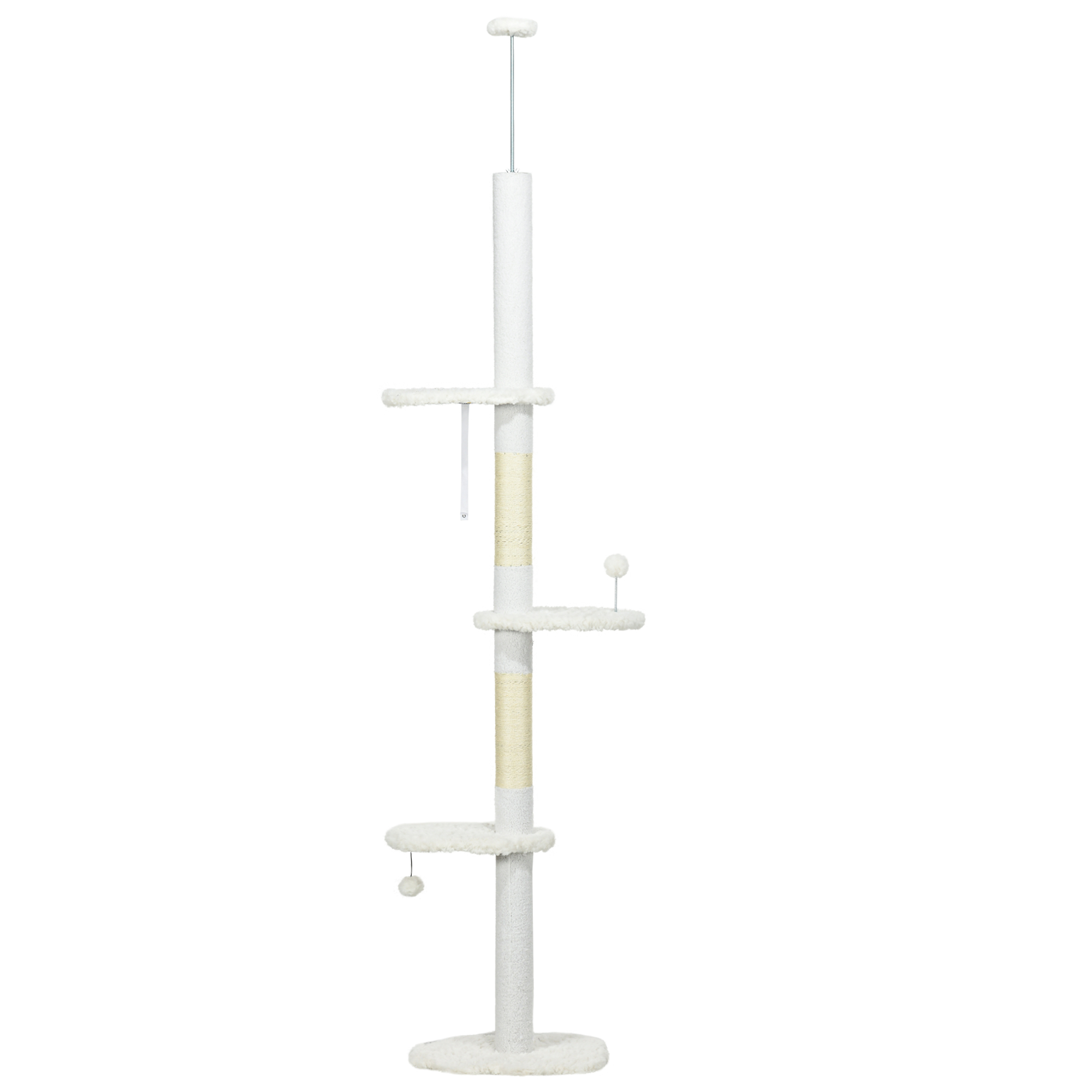 Feline Tower with Scratching Posts, 88.5"-100.5" Ground to Overhead Feline Tree, Cloud Shaped Platforms, Dangling Balls, White 1