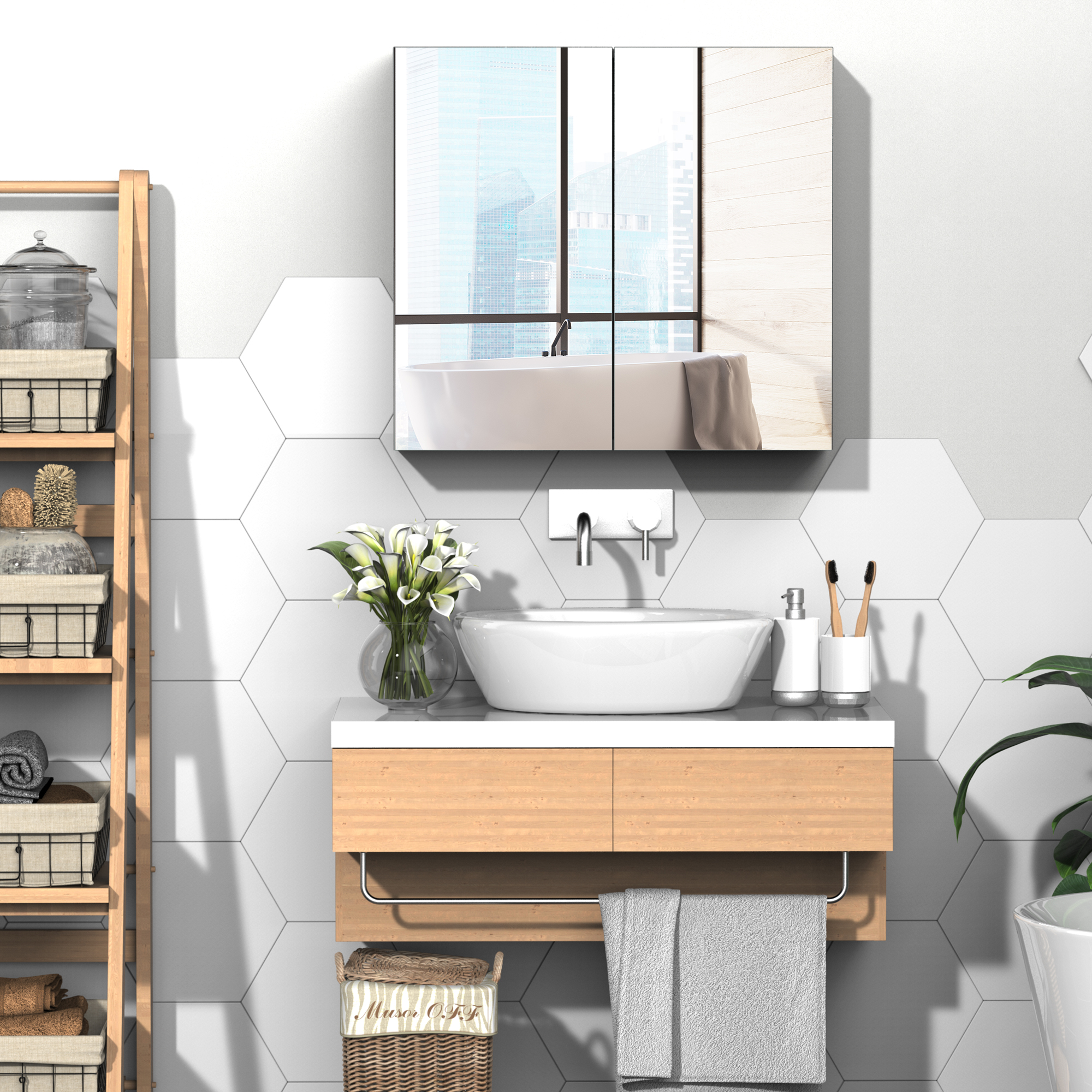 Kleankin Wall Mirror Cabinet: 2 Door Bathroom Storage with 3-Tier Shelving for Organized Medicine & Essentials Aosom Canada