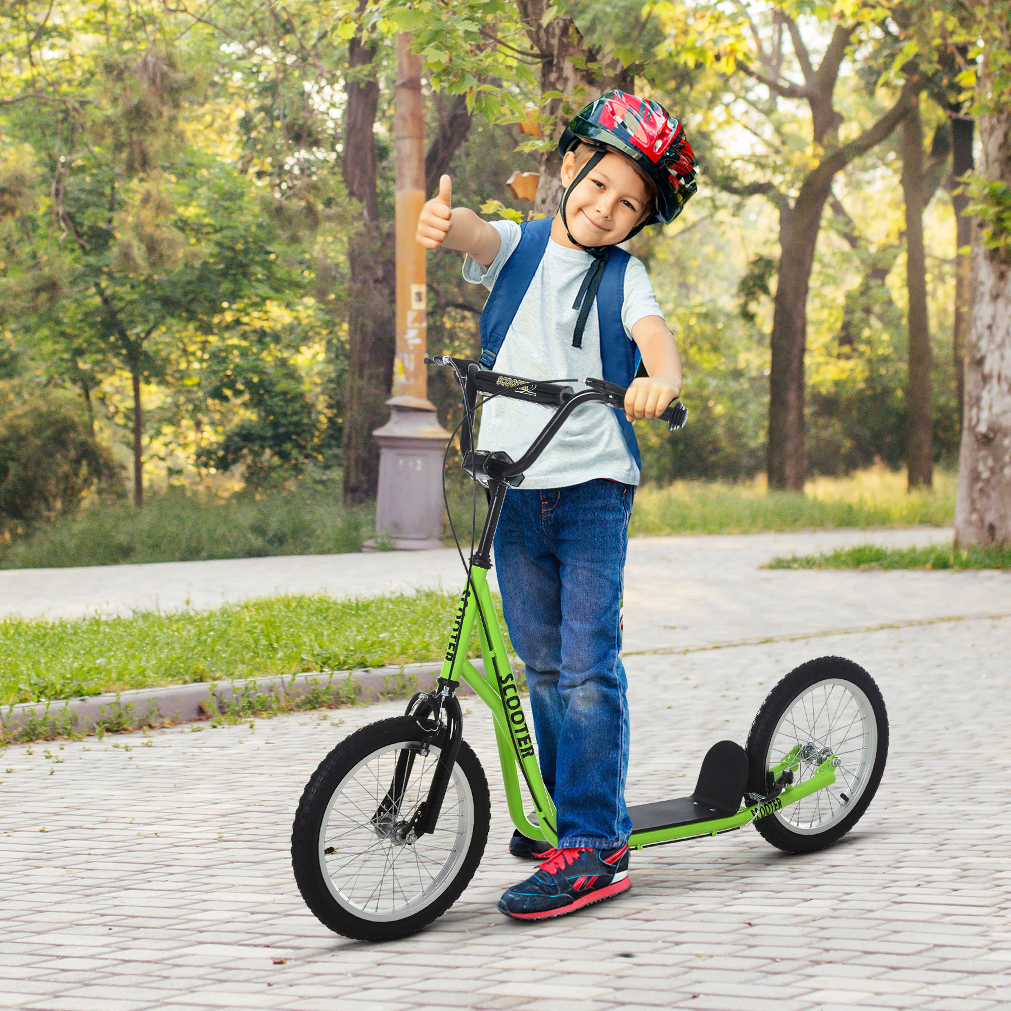 Aosom Kids Kick Scooter for 5+ Year Old, Kids Ride on Toy w/ 16'' Inflatable Wheel Dual Brakes, Green | Aosom Canada