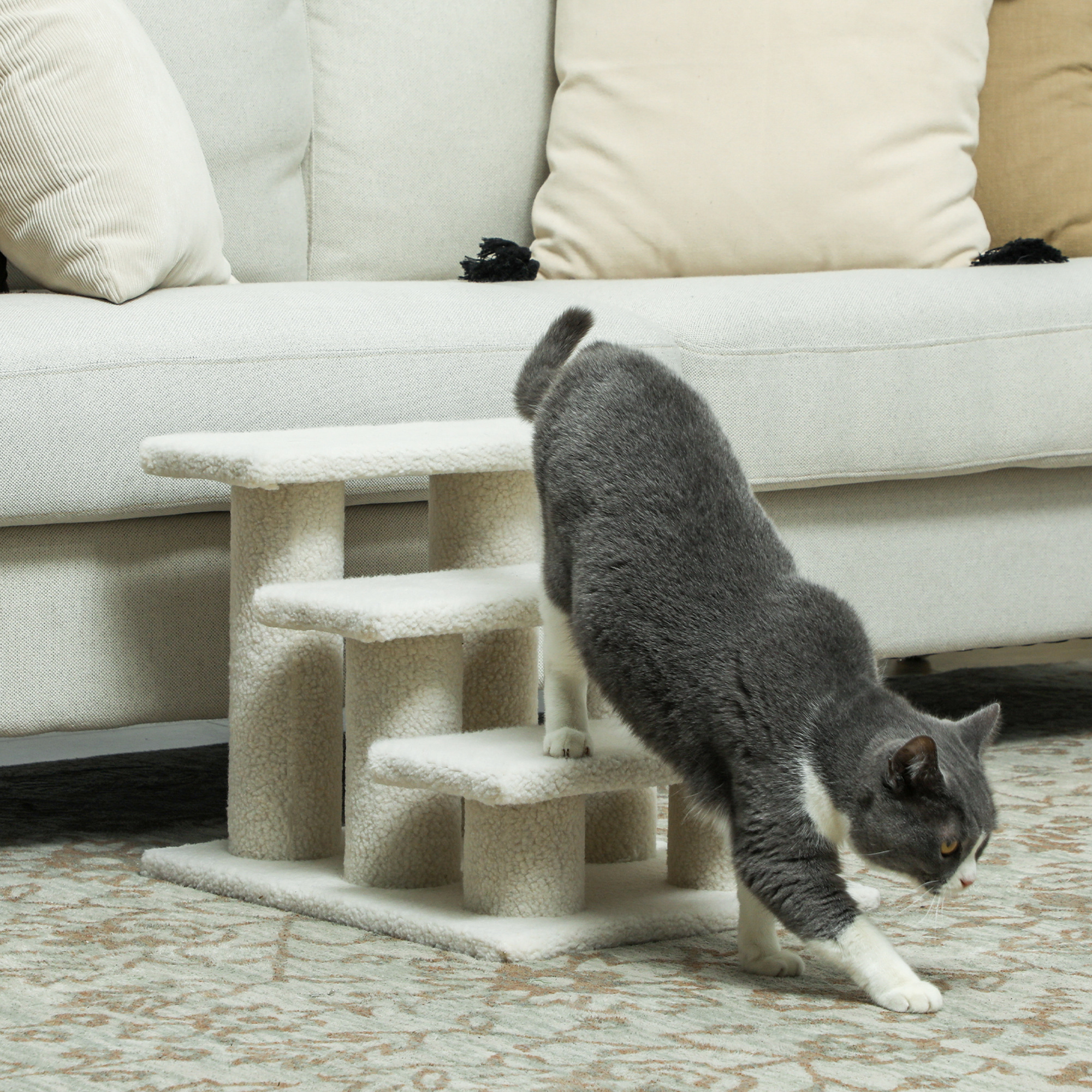 PawHut 18" 3 Tier Pet Stairs Dog Cat Step Scratch Post Furniture, Light Brown Aosom Canada
