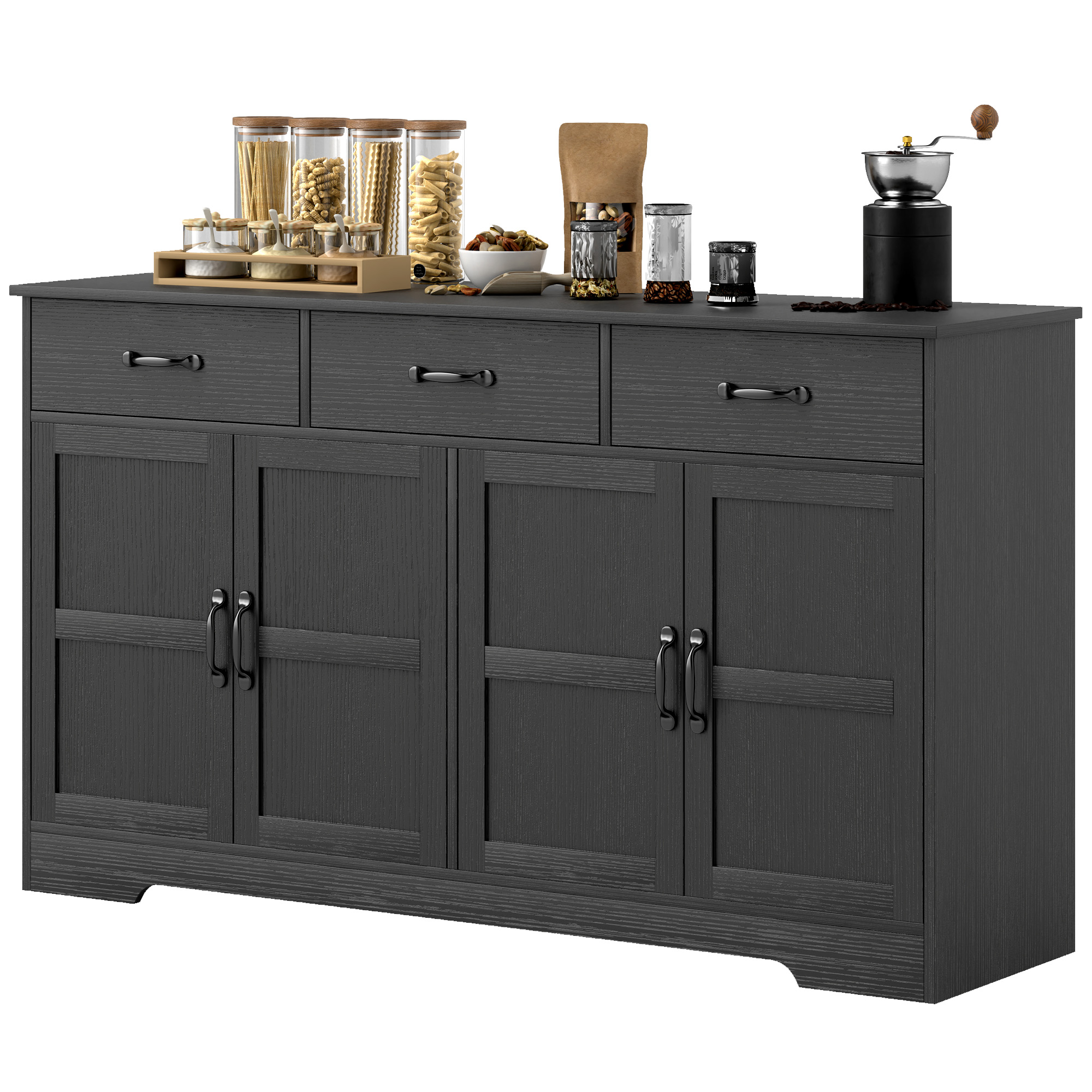 Modern Coffee Bar Organizer Unit with 3 Drawers and Adjustable-Height Shelves, Sideboard Buffet Organizer Unit with Organizer, Distressed Black 1