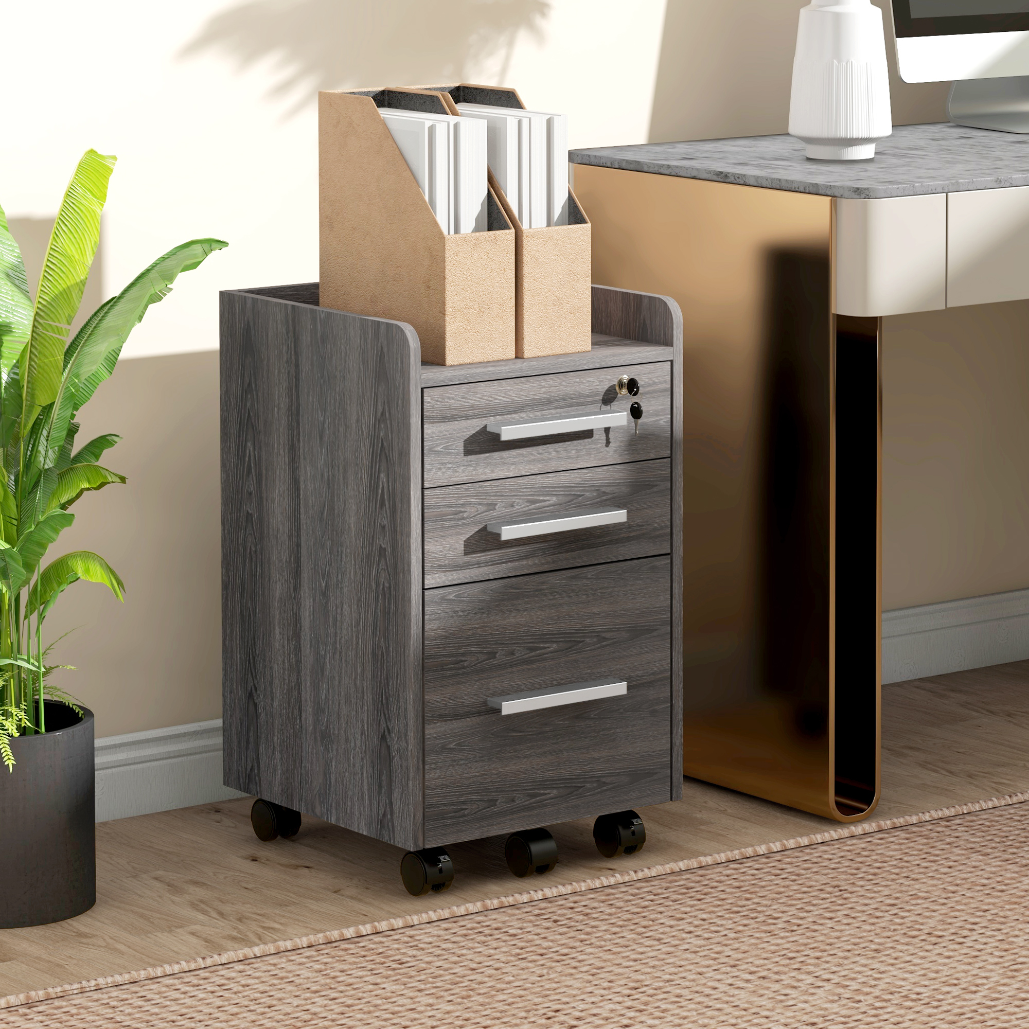HOMCOM 3 Drawer Vertical Mobile Filing Cabinet with Lock and Wheels for A4 Letter Size Grey Aosom Canada