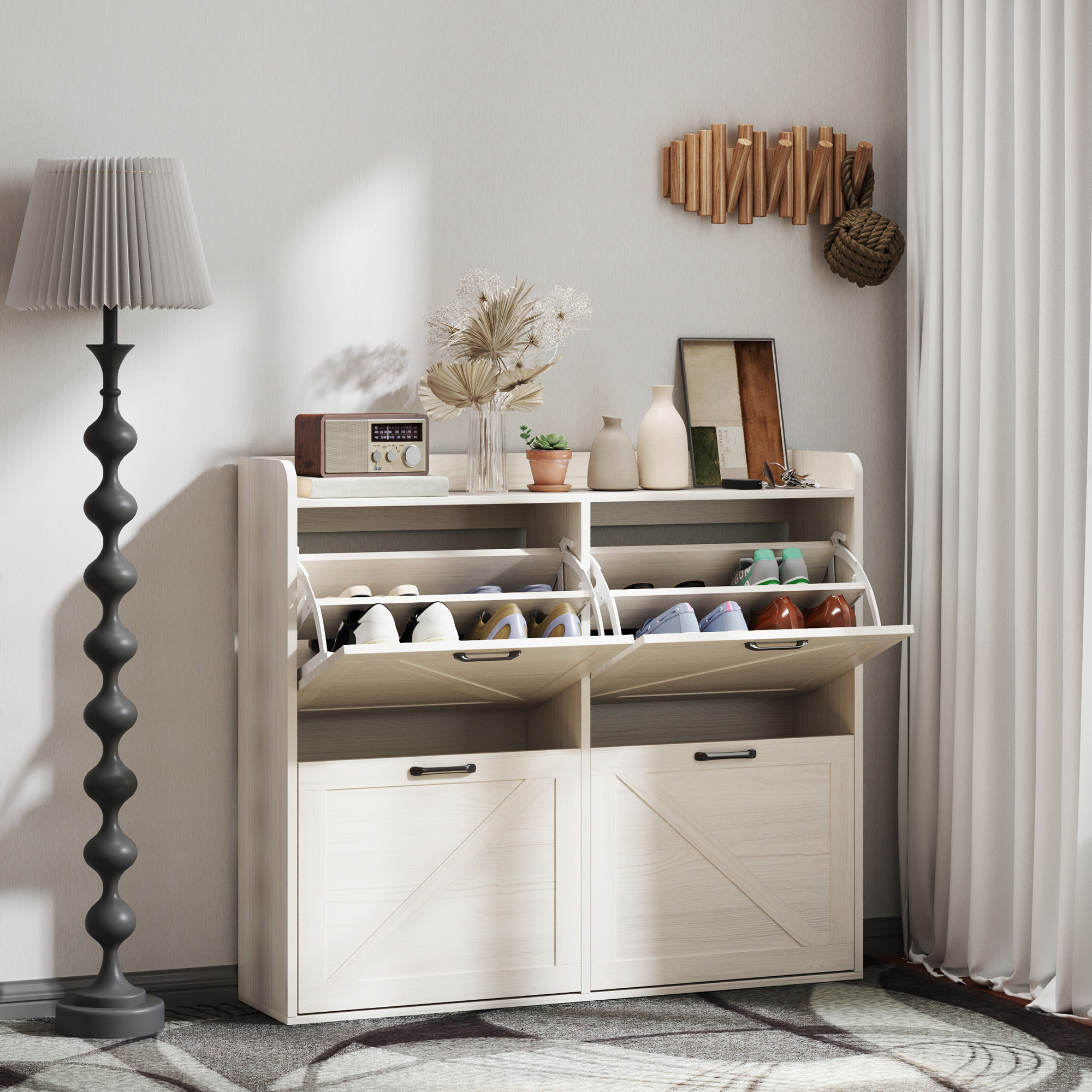 HOMCOM Narrow Shoe Storage Cabinet with 4 Flip Drawers, Adjustable Shelves, 16 Pair Farmhouse Shoe Cabinet, White Oak Aosom Canada