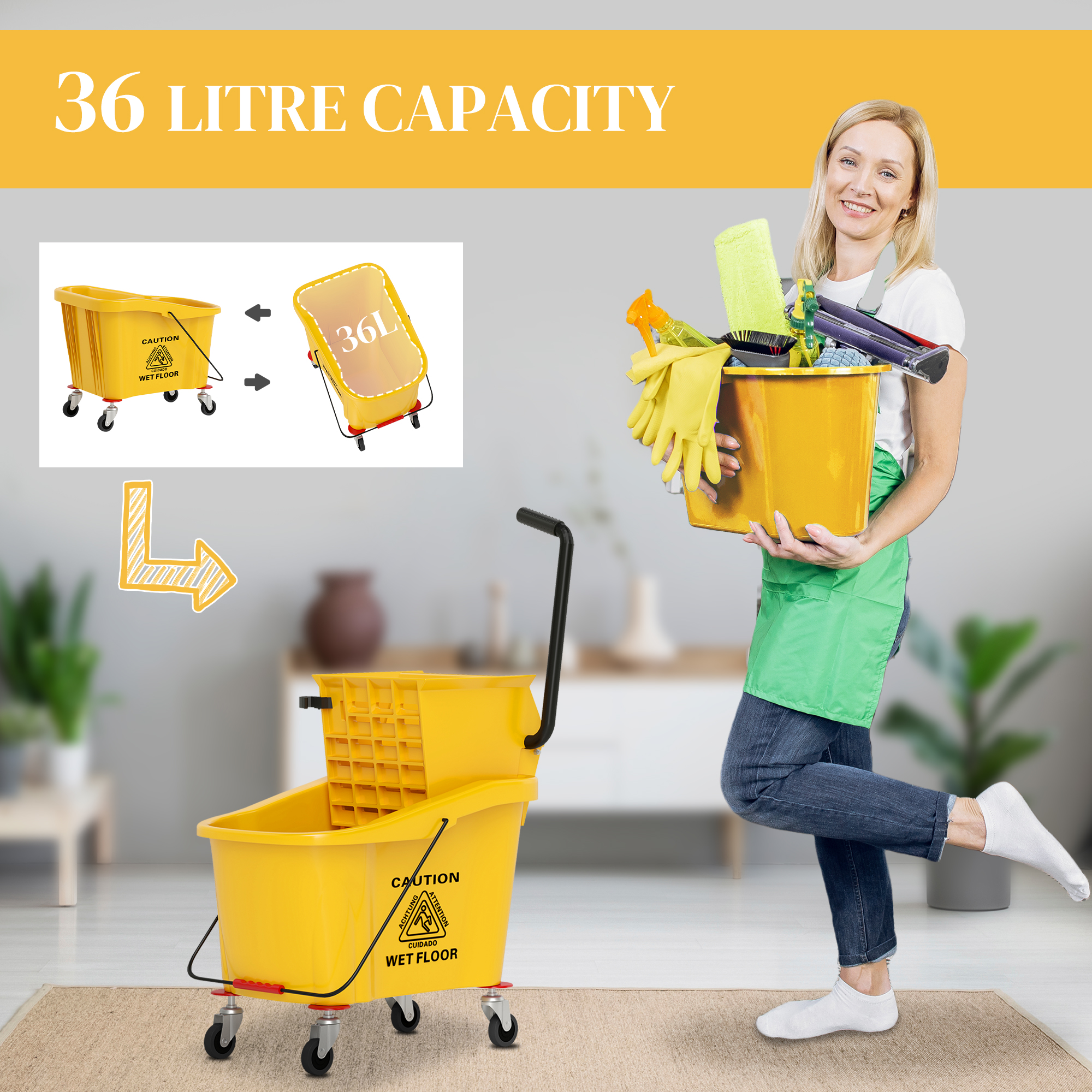 HOMCOM Mop Bucket with Wringer on Wheels for Floor Cleaning