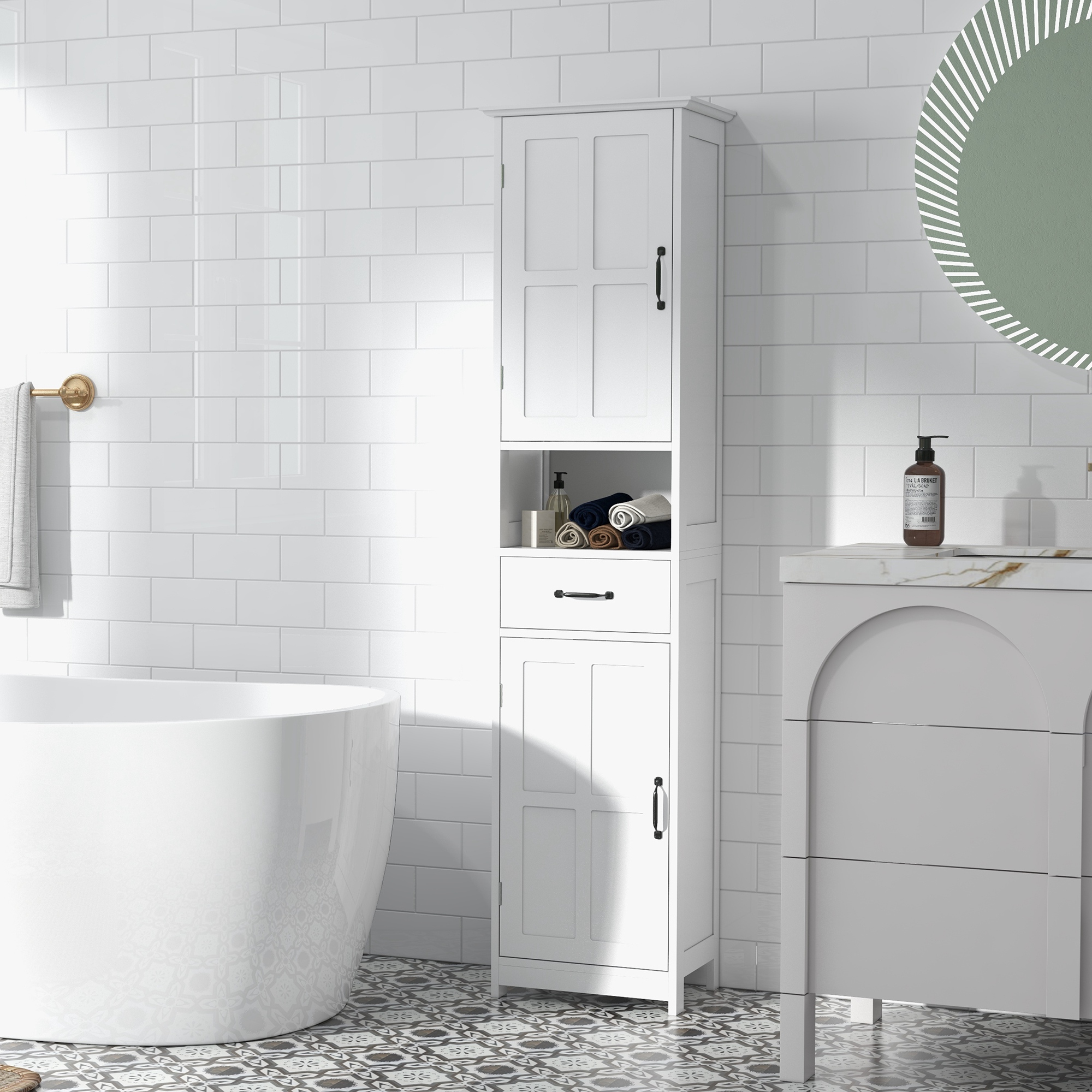 kleankin Narrow Bathroom Vanity Cabinet: Open Shelf Drawer, Adjustable Shelves, Modern Design, White Aosom Canada