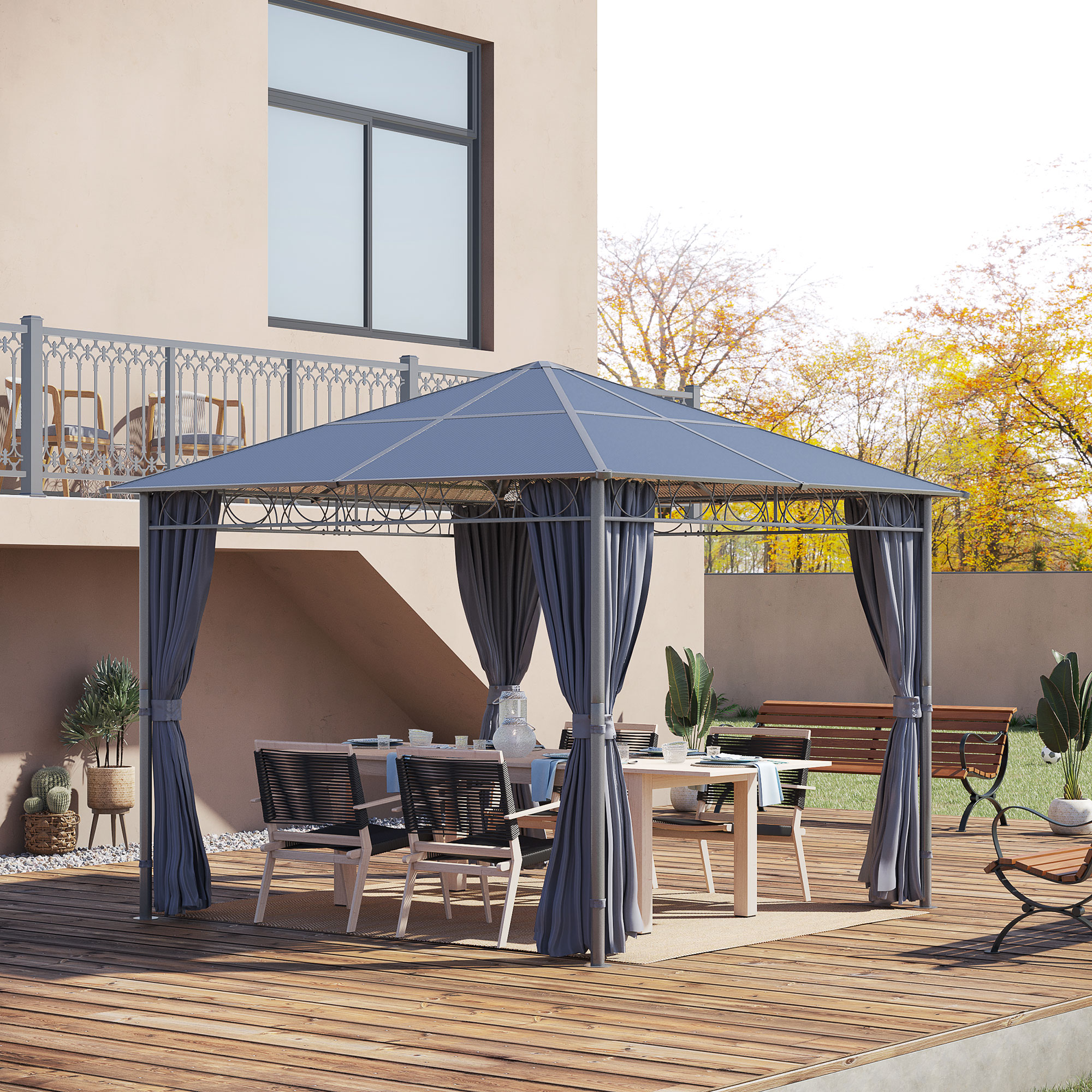 Outsunny 10x10 Gazebo Hardtop with Curtains Top Hook Steel Roof Gazebo with Venetian Pattern Aluminum Frame Dark Grey Aosom Canada