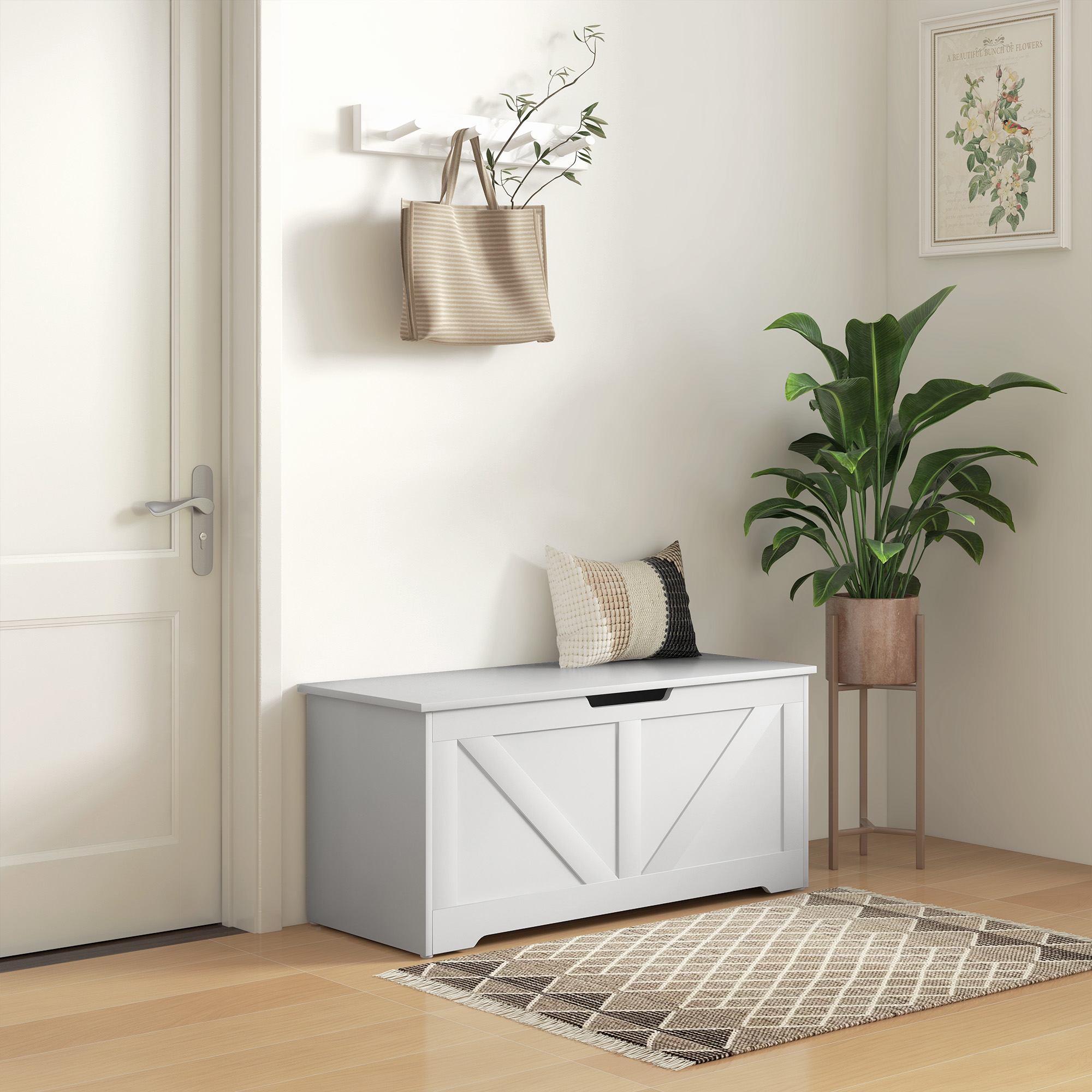 HOMCOM 39.4 Inches Storage Chest, Storage Trunk with 2 Safety Hinges, Wooden Toy Box for Living Room, White Wood Grain Aosom Canada