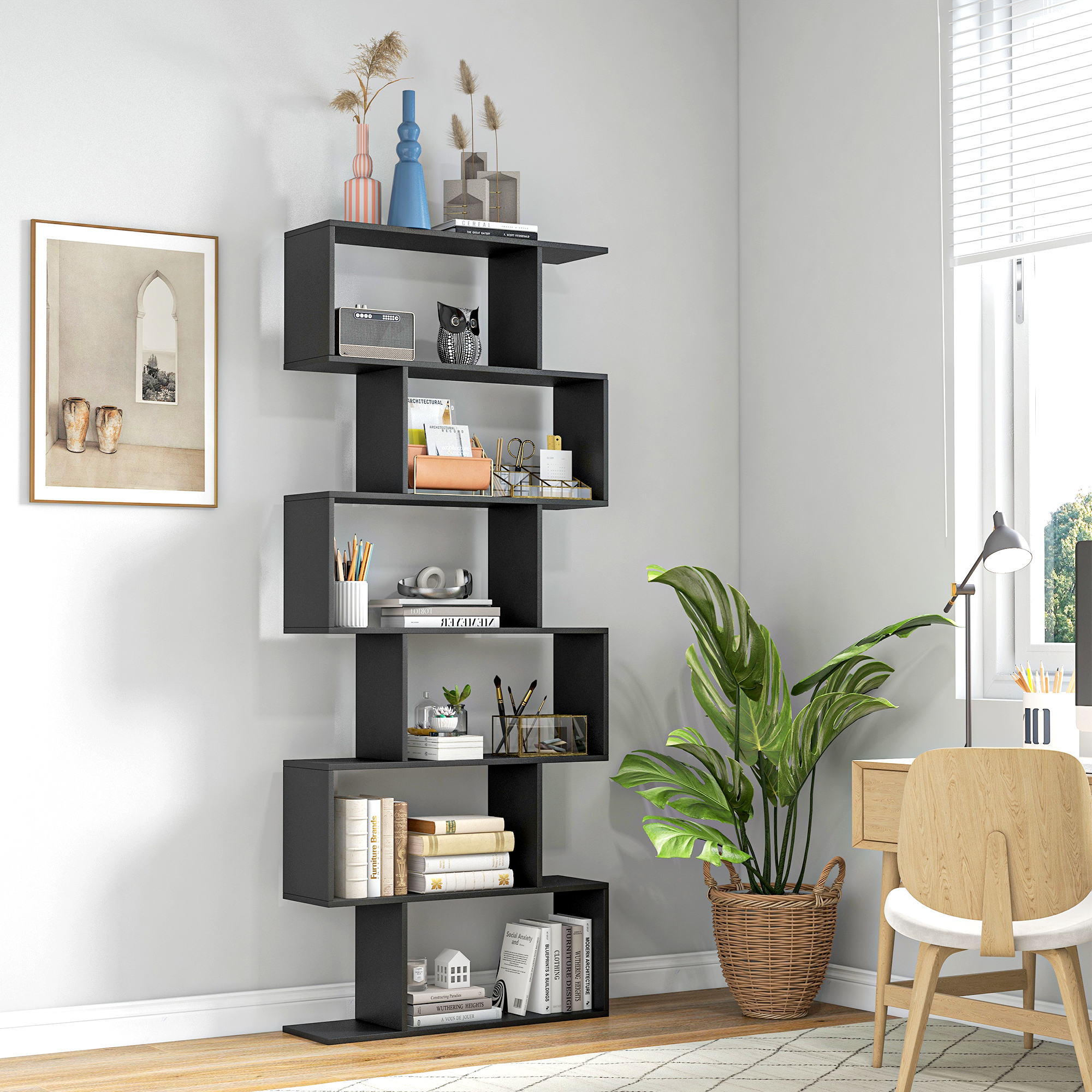thumbnail image 2 of HOMCOM 5-Tier S-Shaped Bookcase – Modern Display Shelving Unit, Dark Wood Veneer Finish 2 of 3