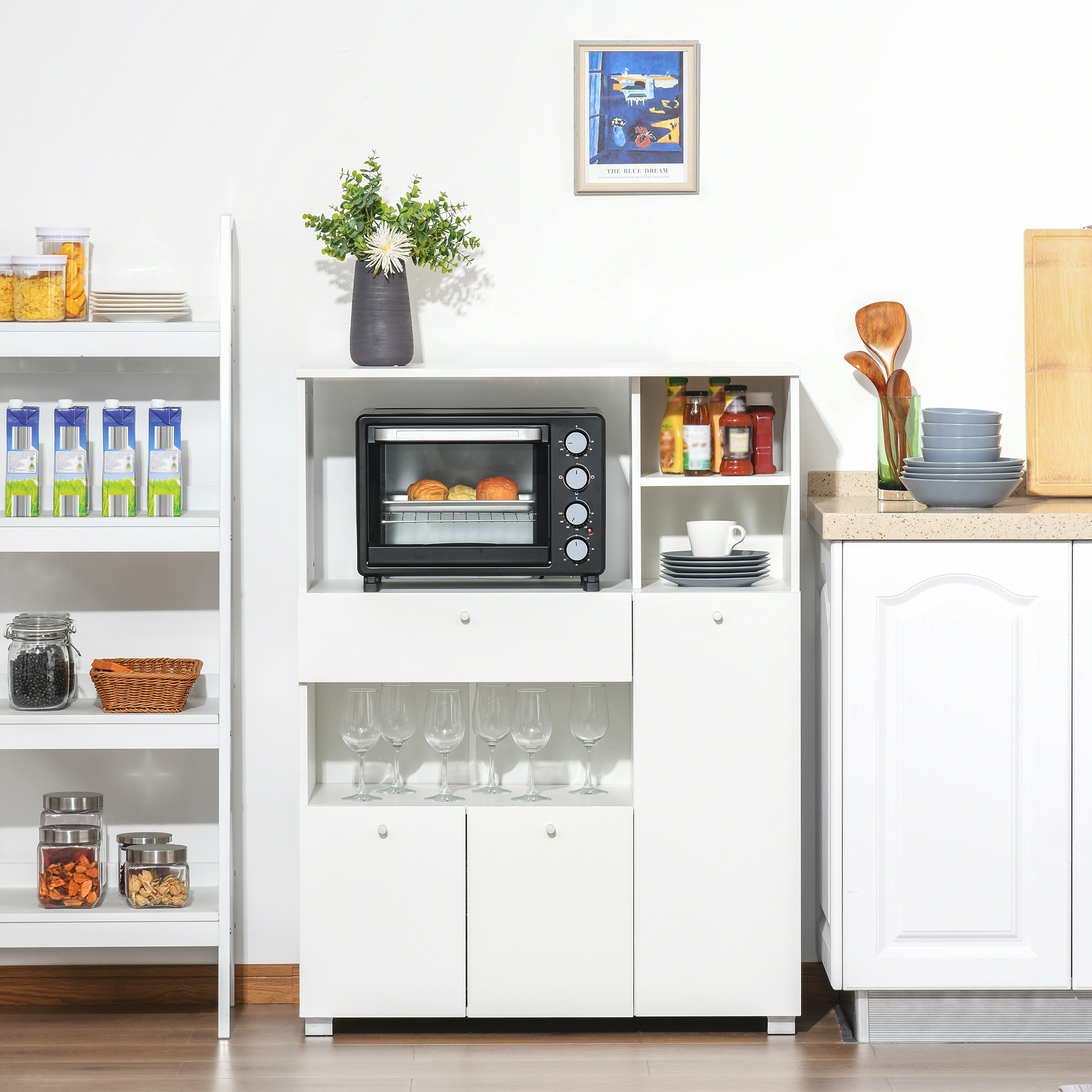 HOMCOM Kitchen Pantry Cabinet Compact Design with Microwave Stand Drawer Shelves White Aosom Canada