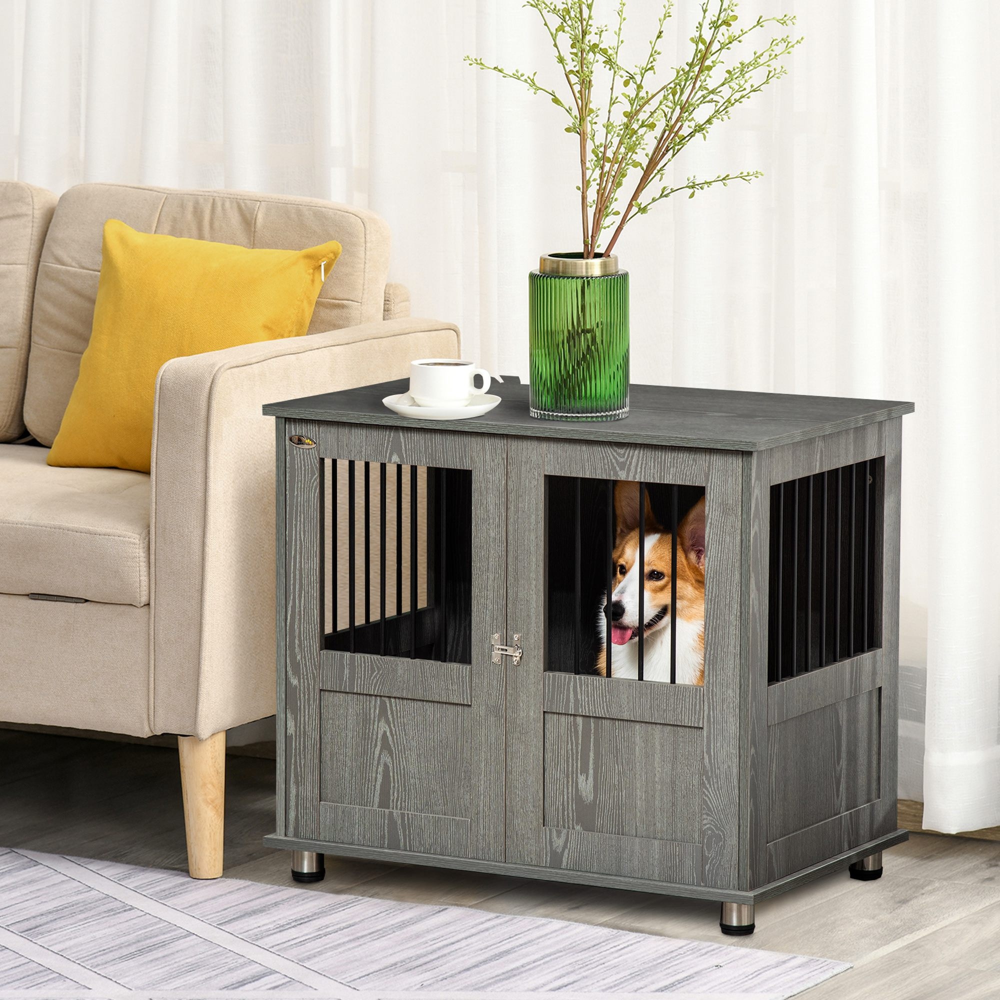 PawHut Dog Crate Furniture with Lockable Magnetic Door, Adjustable feet for Small & Medium Dogs, Indoor Use, Grey | Aosom Canada