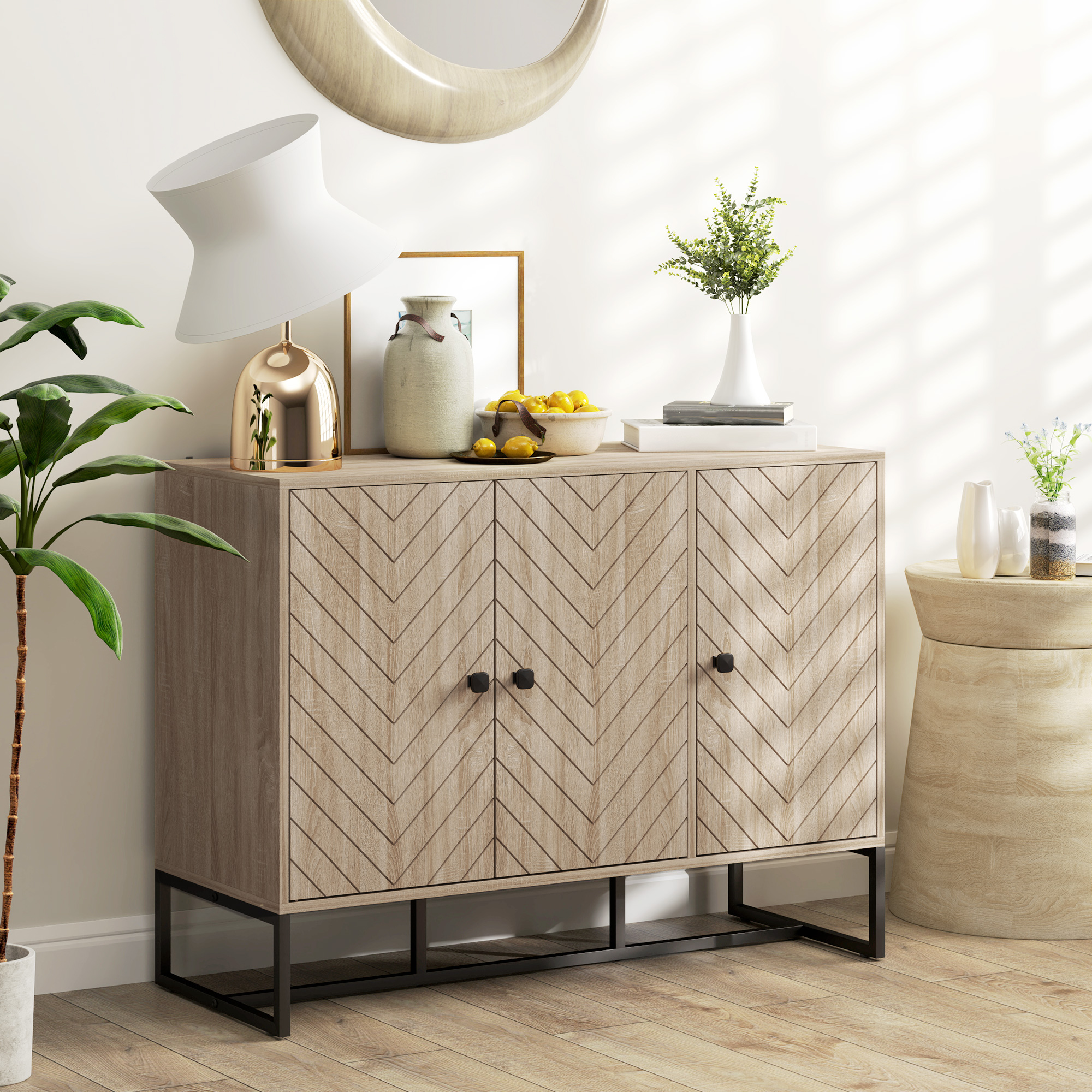 HOMCOM Modern Sideboard, Buffet Cabinet with Adjustable Shelves, 3 Chevron Doors for Living Room, Hallway, Oak Wood Grain Aosom Canada