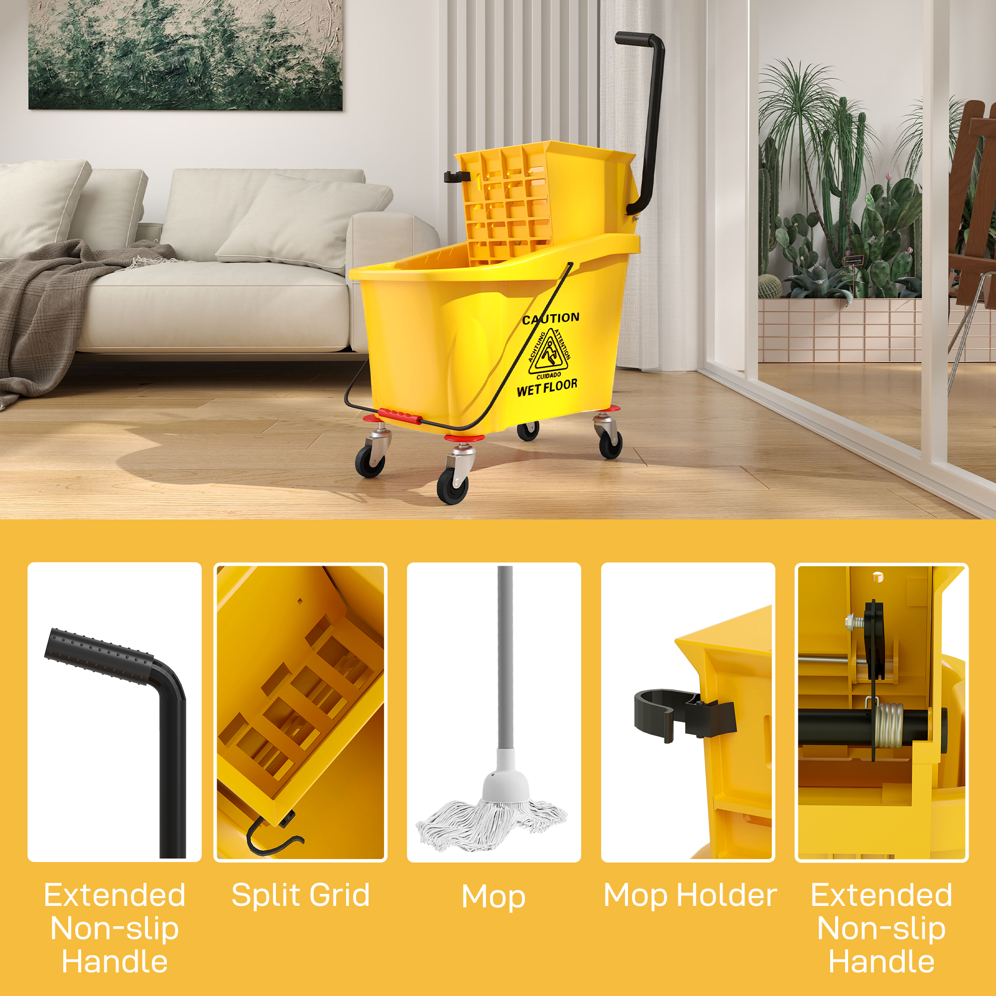 HOMCOM Mop Bucket with Wringer on Wheels for Floor Cleaning