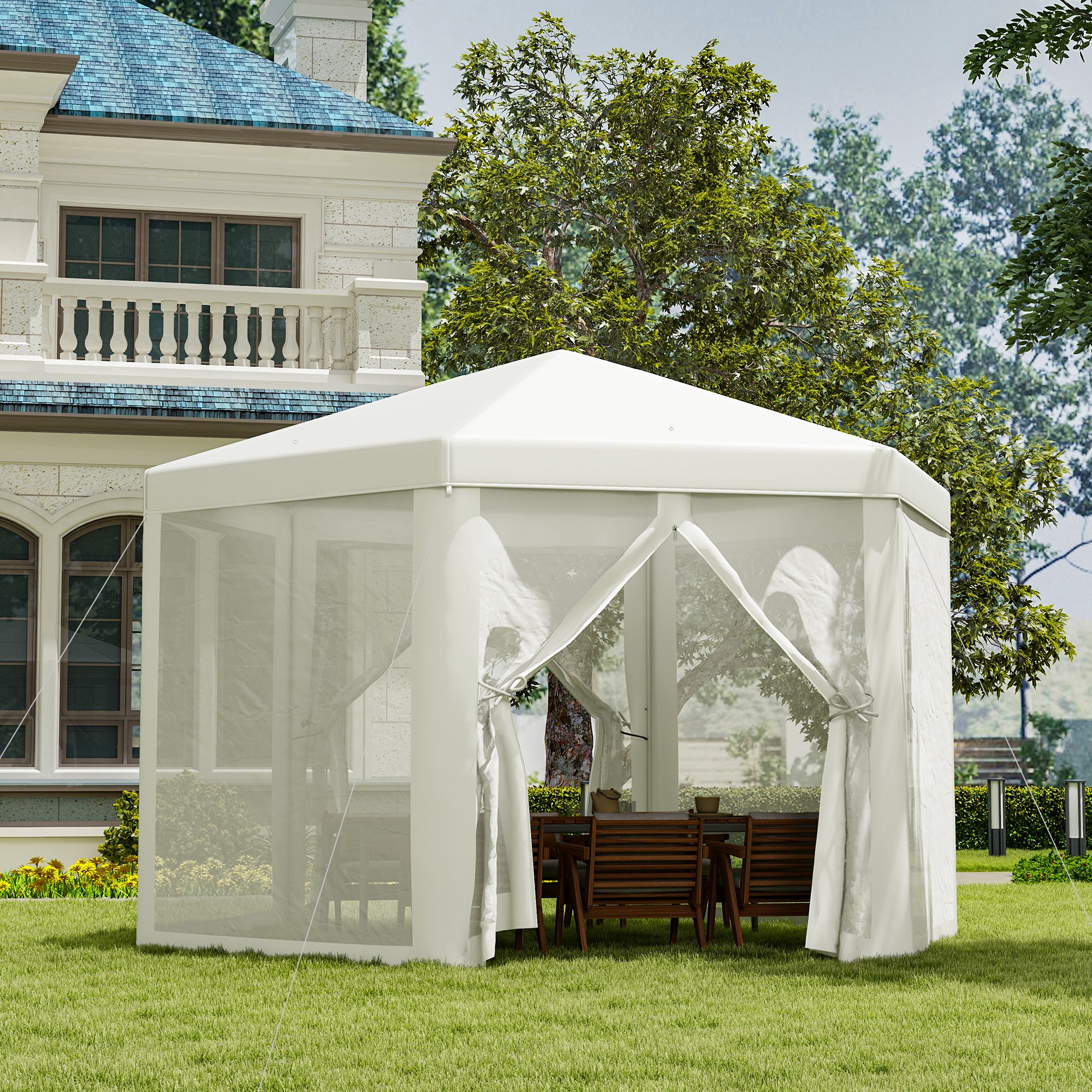 Outsunny Netting Gazebo ⌀12.8' Hexagon Waterproof Patio