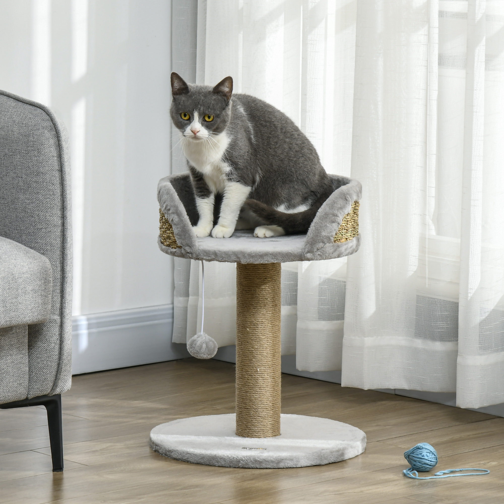 PawHut Cat Tree with Scratching Post, Toy Ball, Perch, Small Cat Tower for Indoor Cats - 16" x 16" x 19", Grey Aosom Canada