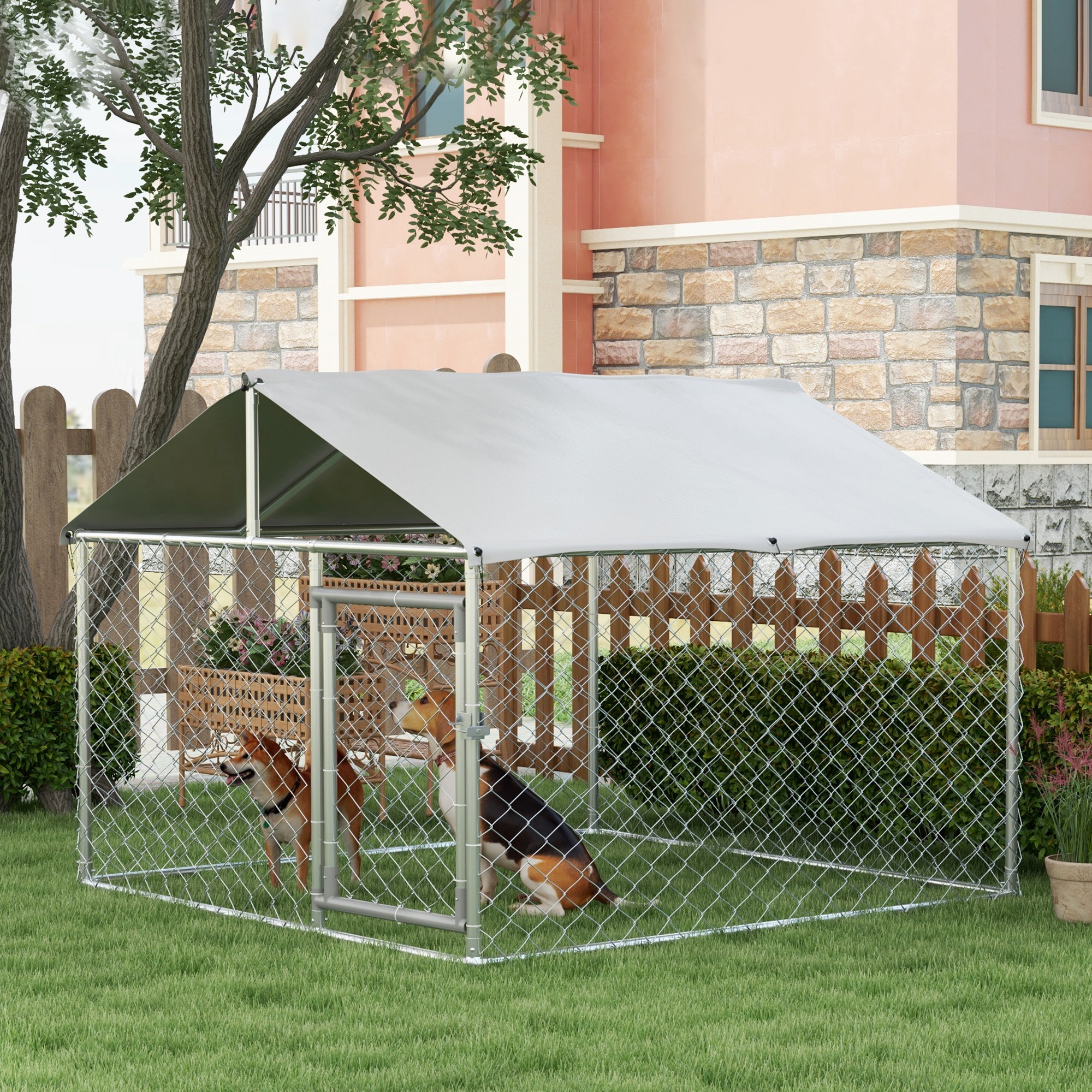 PawHut 6.6' x 6.6' x 4.9' Outdoor Dog Kennel Heavy Duty Galvanized Steel Chain Link with UV-resistant Roof, Silver Aosom Canada