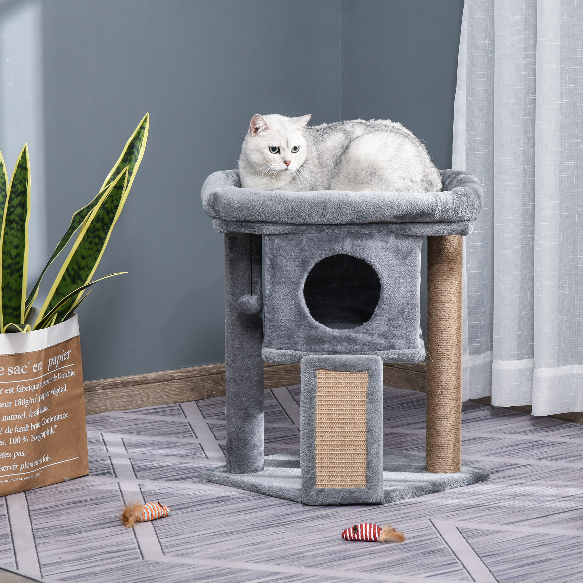 PawHut Cat Tower, Small Cat Tower with Perch, Scratching Post, Condo, Toy Ball for Kittens and Cats, Grey Aosom Canada
