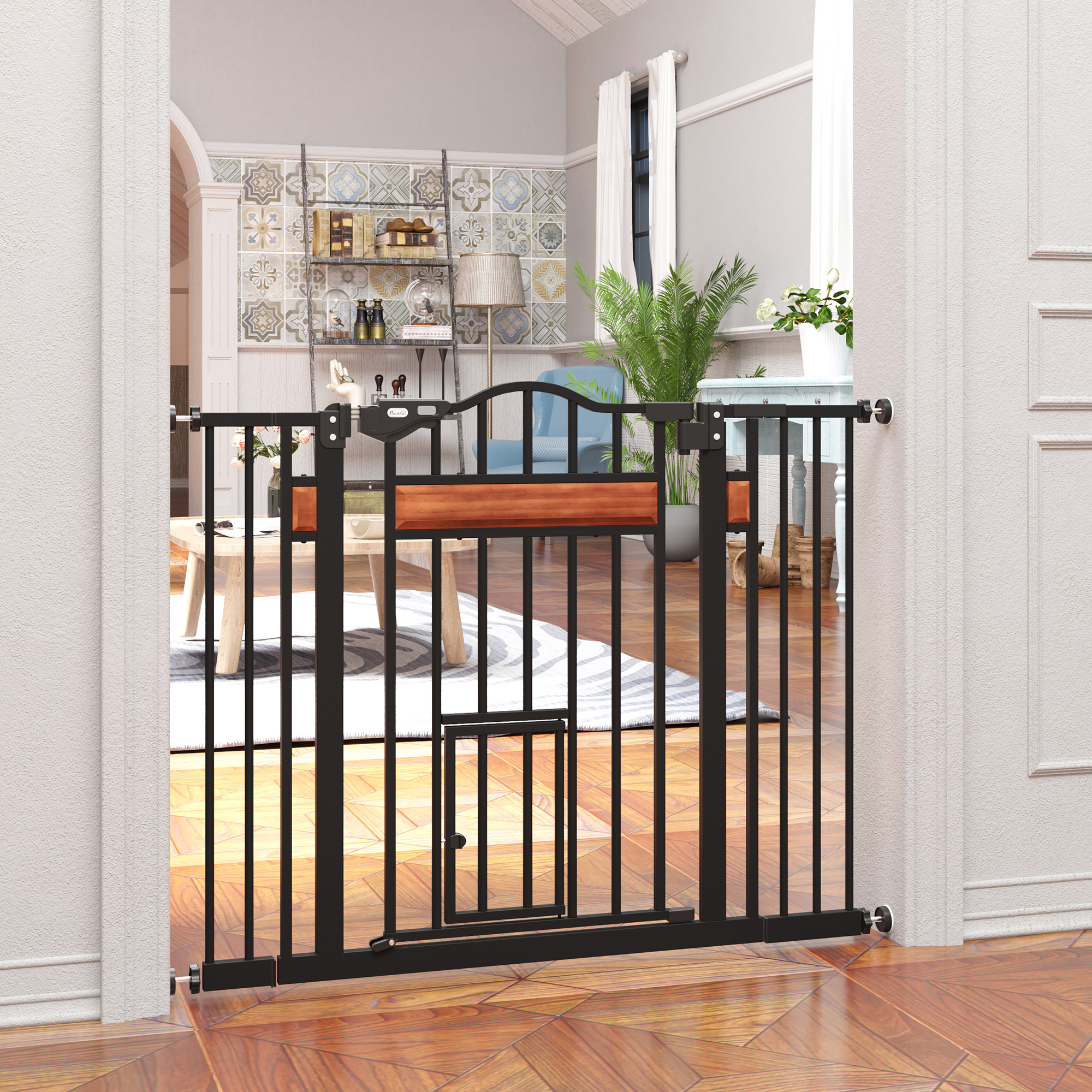 PawHut 29.1''-41.3'' Extra Wide Dog Gate with Cat Door