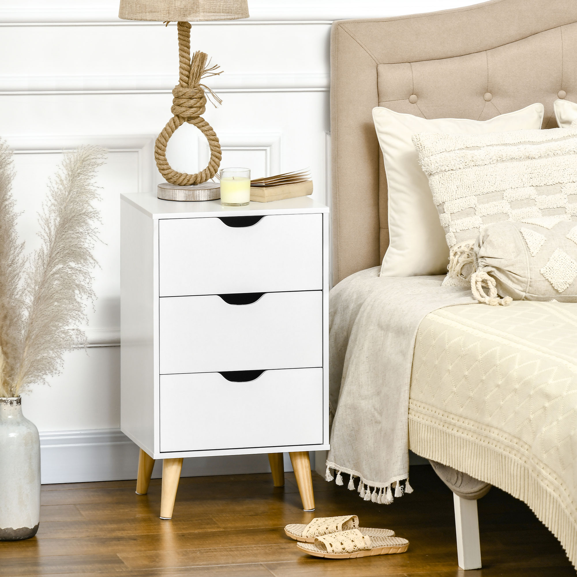 HOMCOM Bedside Table, Modern Nightstand with 3 Drawers, Side End Table with Wood Legs for Living Room, Bedroom, White Aosom Canada