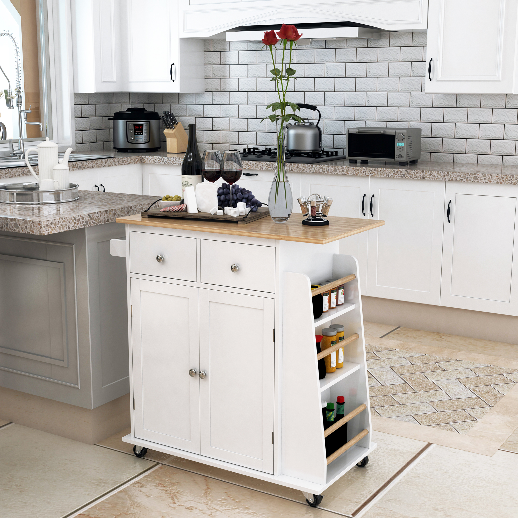 HOMCOM Culinary Companion: Kitchen Island Trolley Cart with Rubber Wood Top, Spice Rack, Towel Holder, 3-Tier Storage, White Aosom Canada