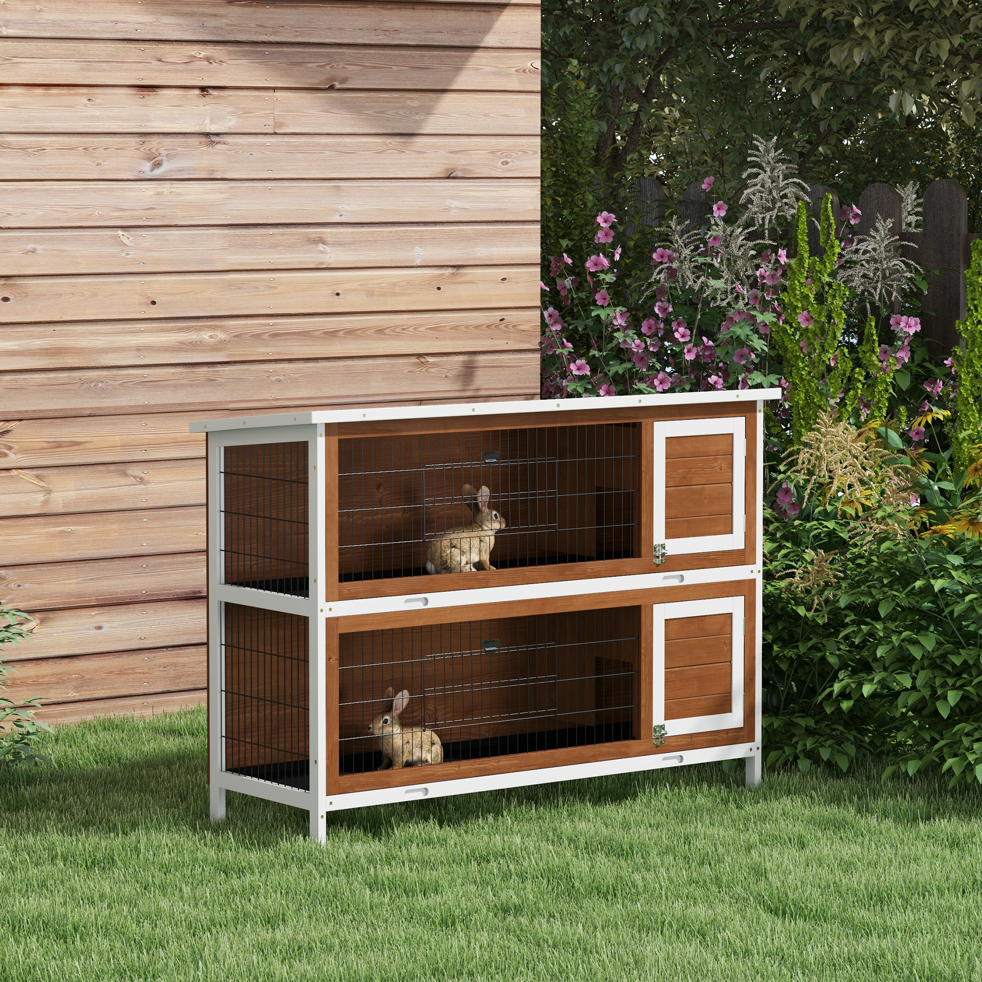 PawHut Wooden 2 Tier Rabbit Hutch Bunny Pet House Coop with Run Brown Aosom Canada