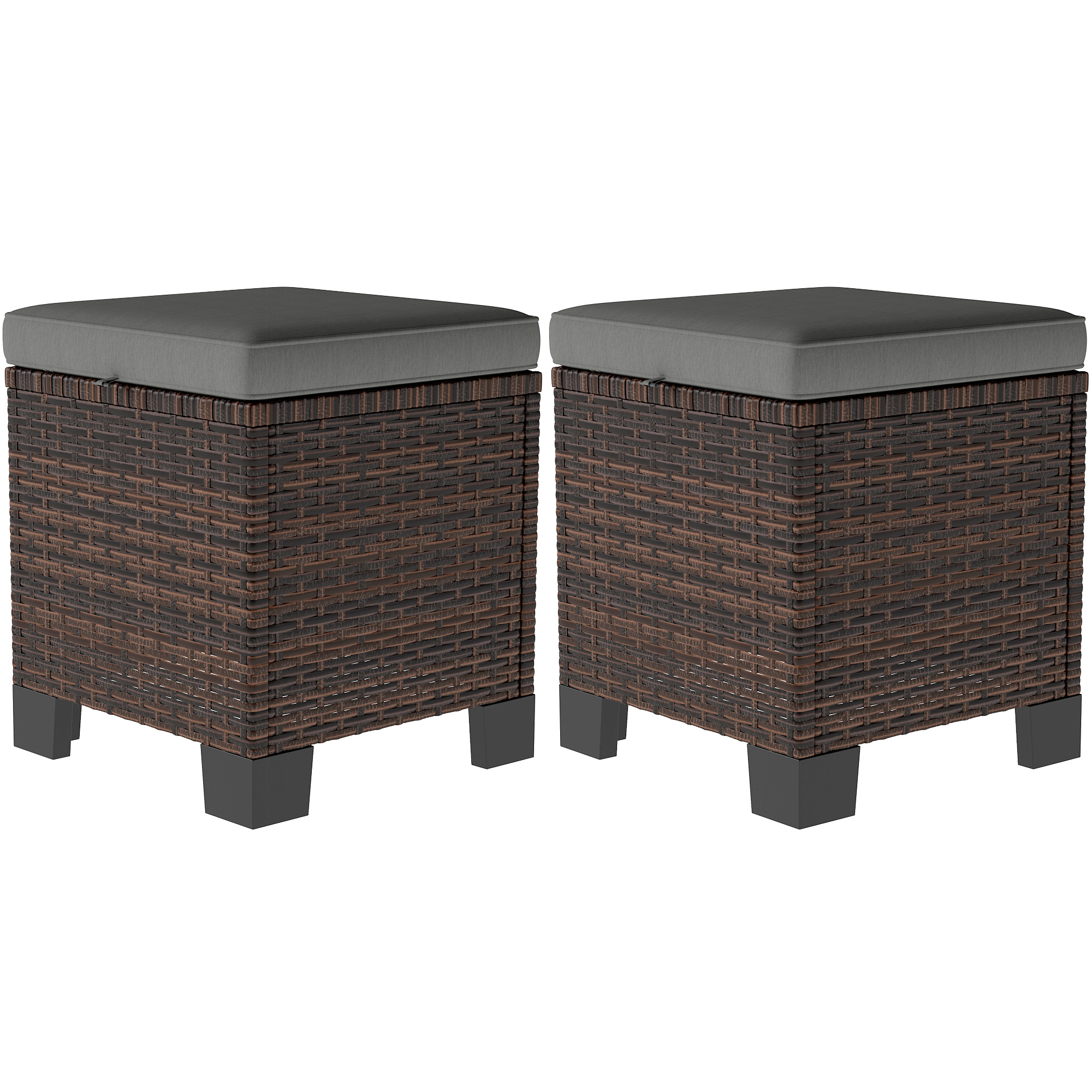 Outsunny 2 Piece Wicker Outdoor Ottomans with Cushions, Rattan Ottoman Footrest and Side Table for Patio, Yard, Poolside, Gray
